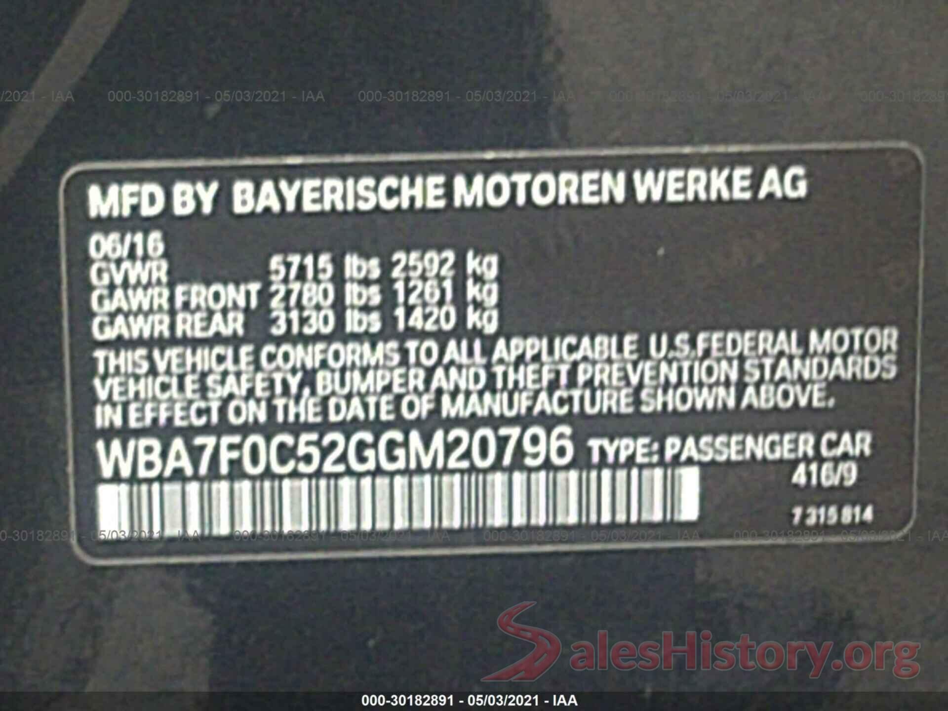 WBA7F0C52GGM20796 2016 BMW 7 SERIES