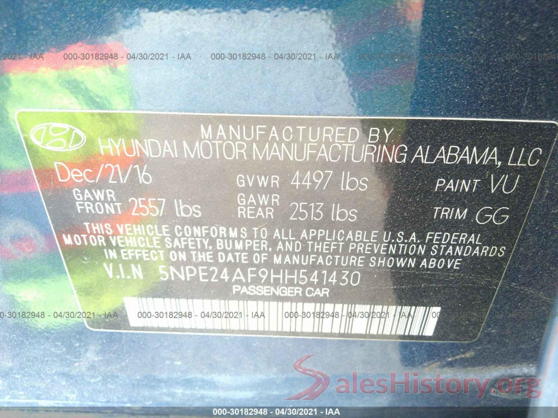 5NPE24AF9HH541430 2017 HYUNDAI SONATA