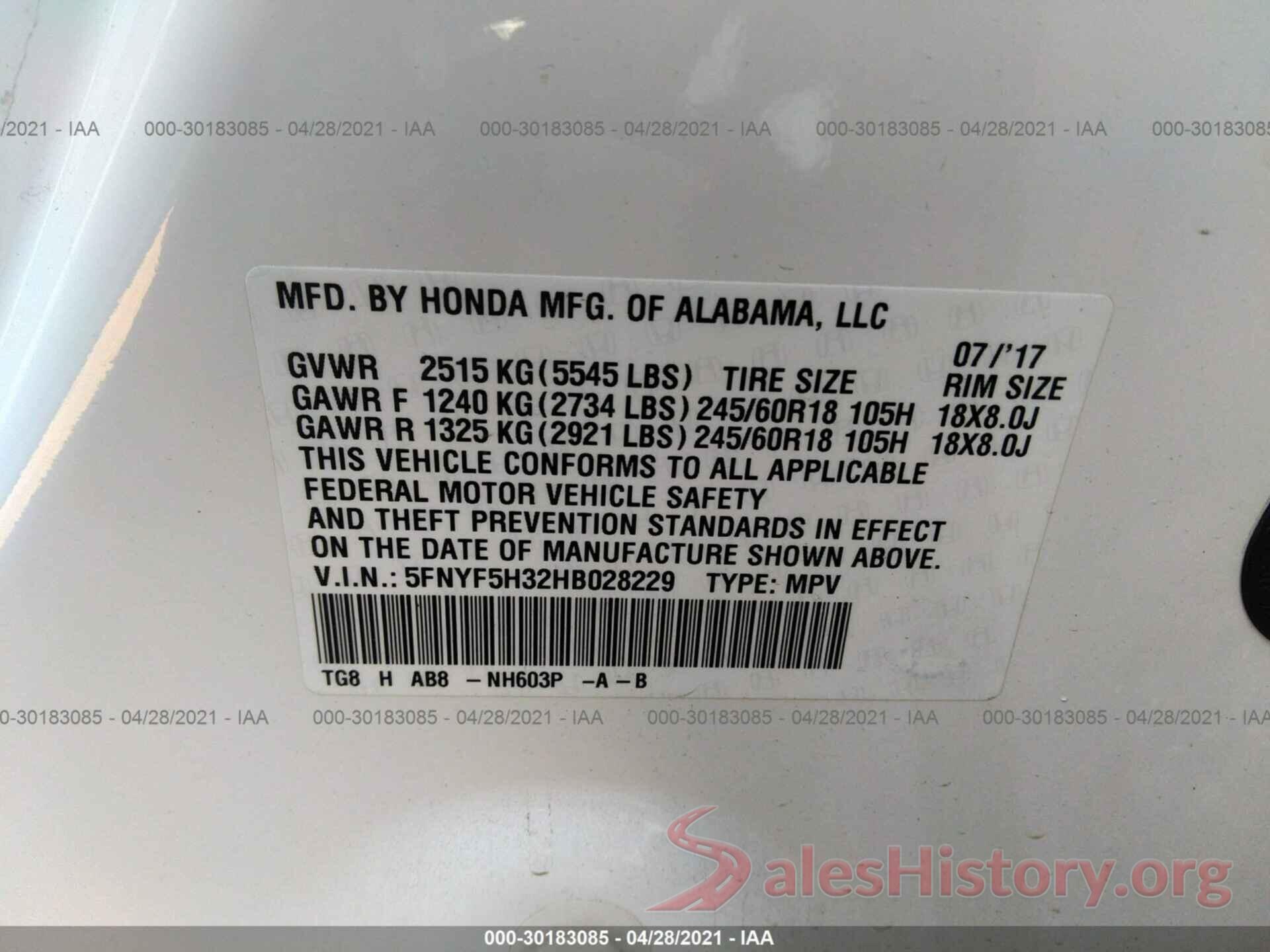 5FNYF5H32HB028229 2017 HONDA PILOT