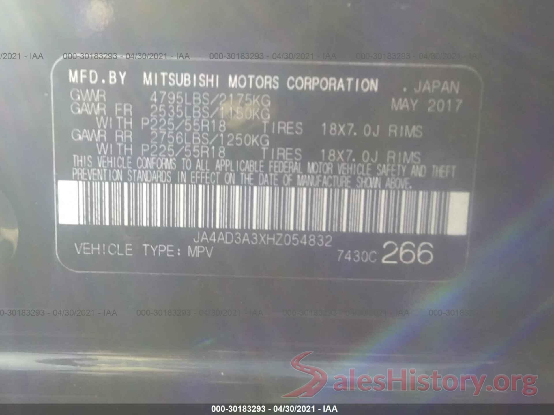 JA4AD3A3XHZ054832 2017 MITSUBISHI OUTLANDER