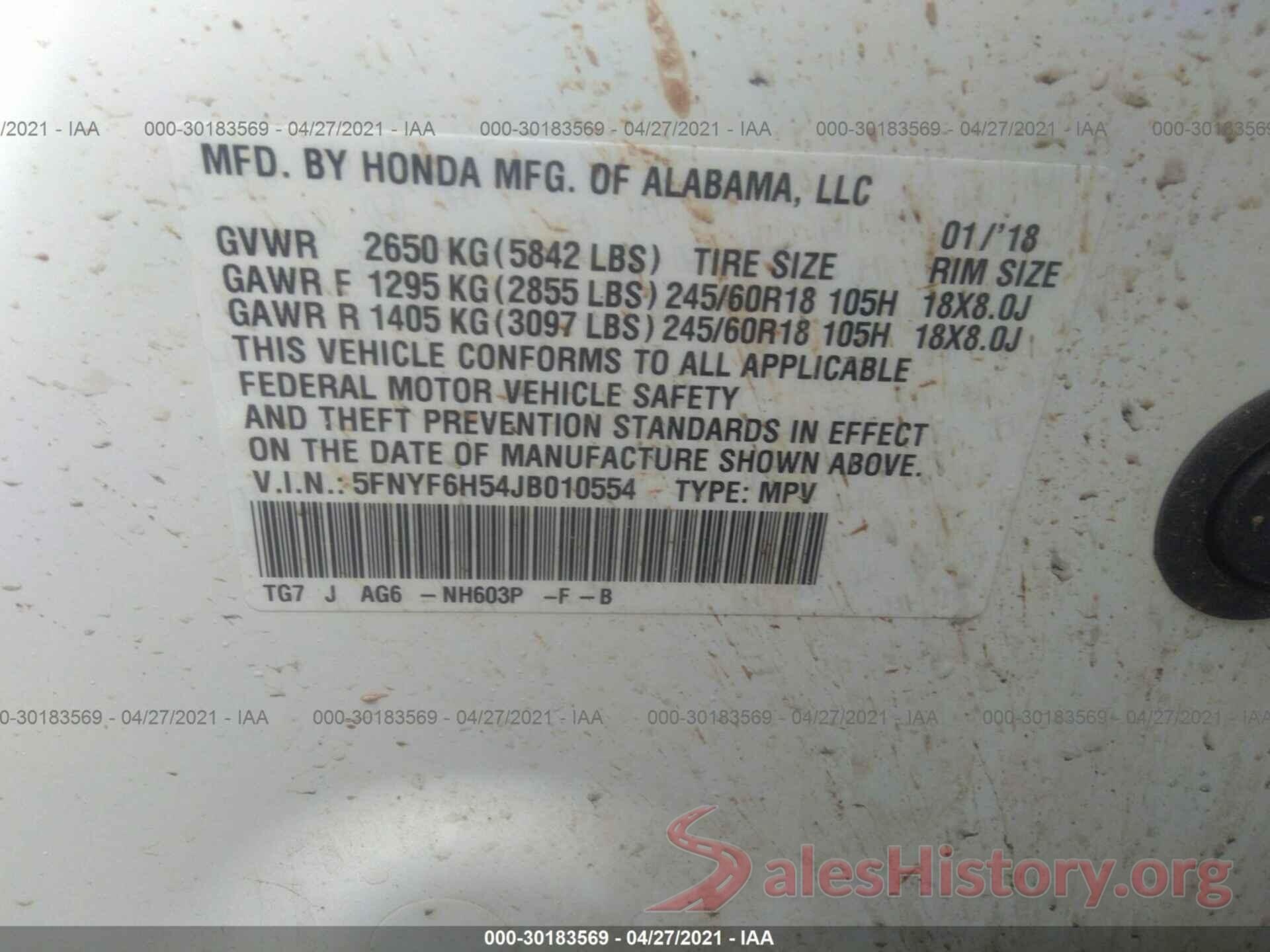 5FNYF6H54JB010554 2018 HONDA PILOT