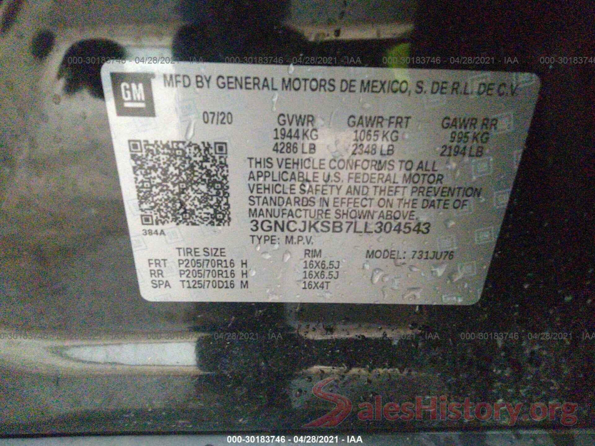 3GNCJKSB7LL304543 2020 CHEVROLET TRAX