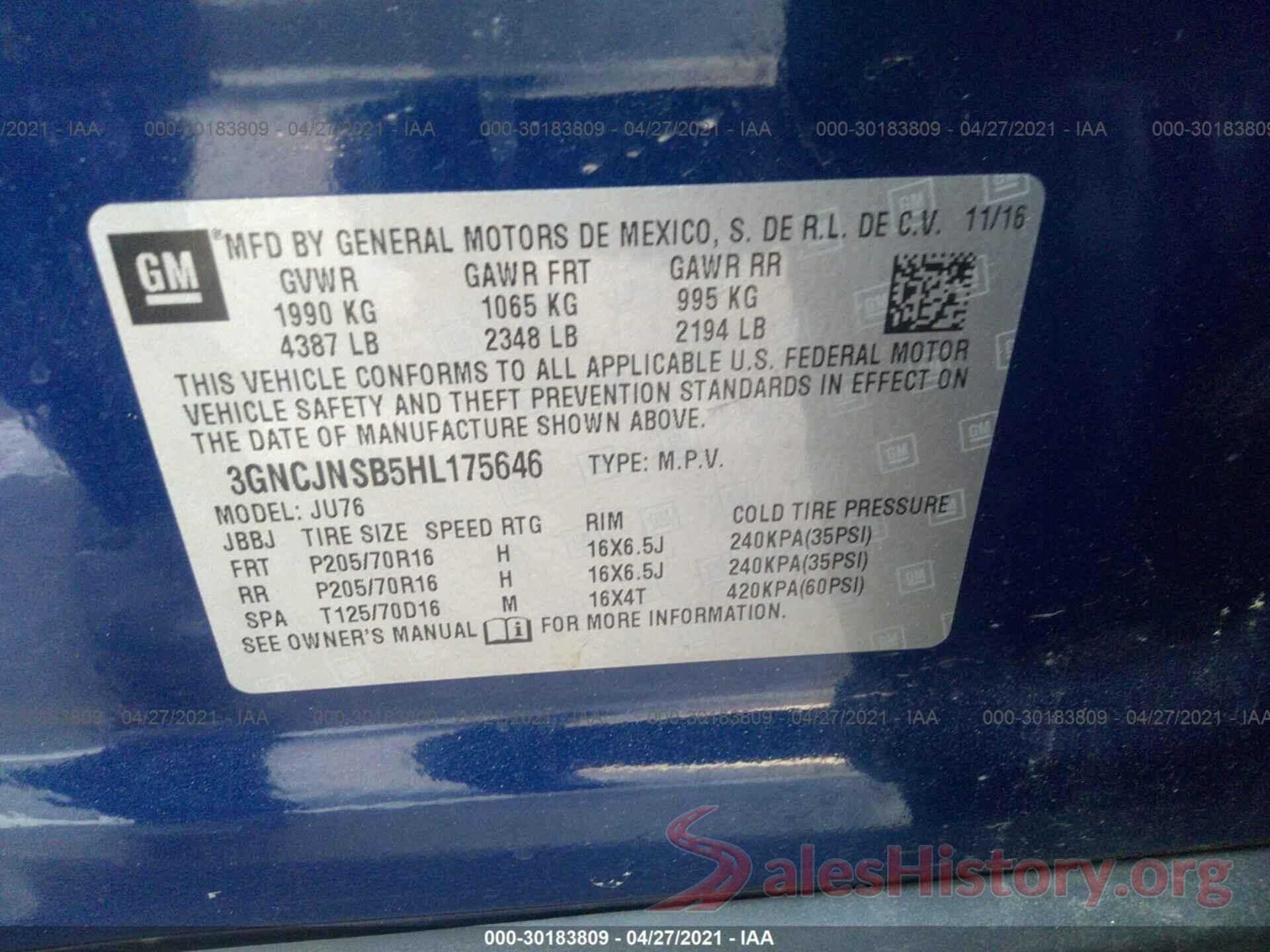 3GNCJNSB5HL175646 2017 CHEVROLET TRAX