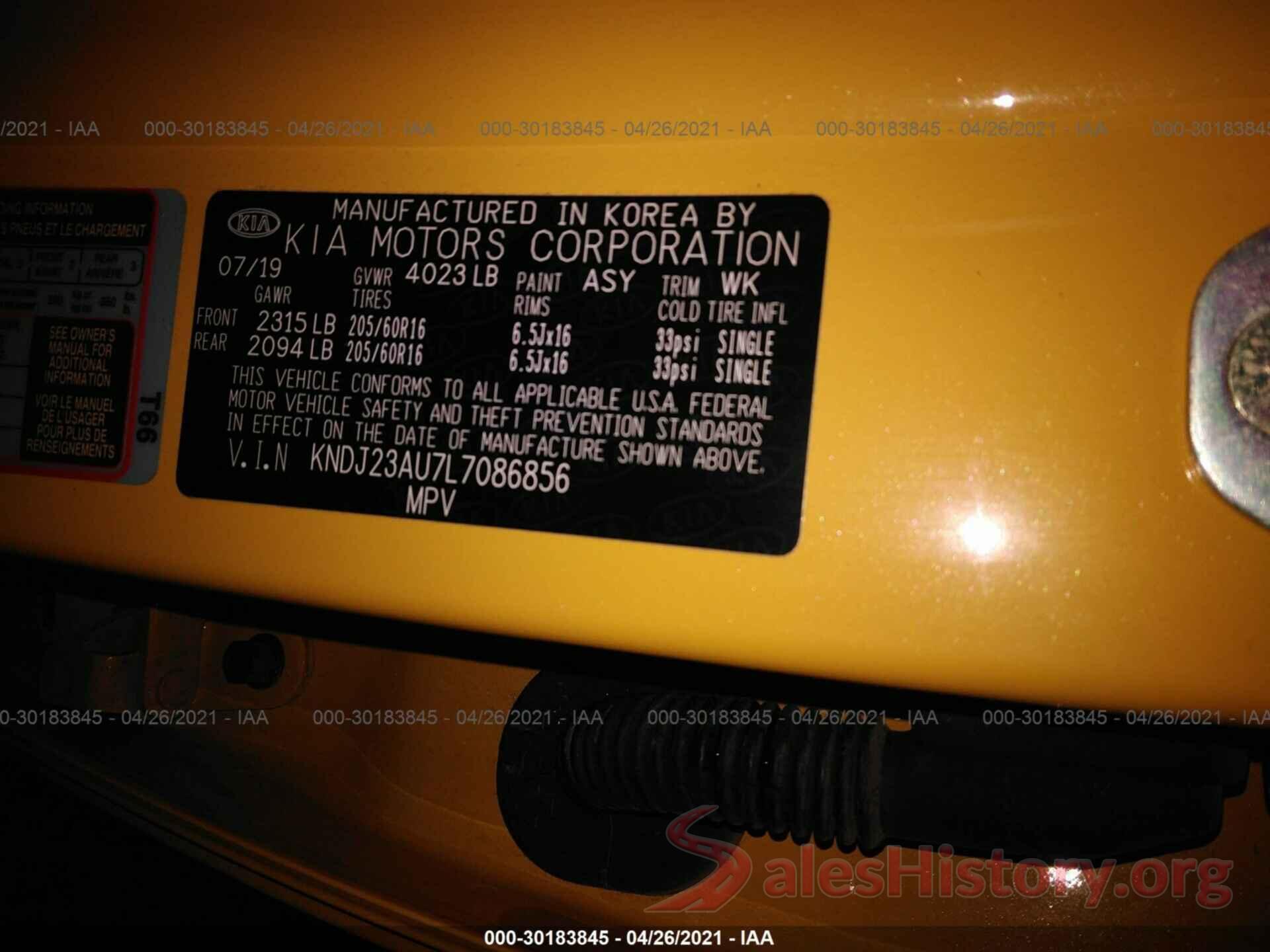 KNDJ23AU7L7086856 2020 KIA SOUL