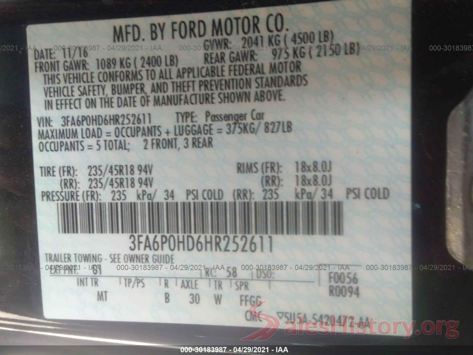 3FA6P0HD6HR252611 2017 FORD FUSION