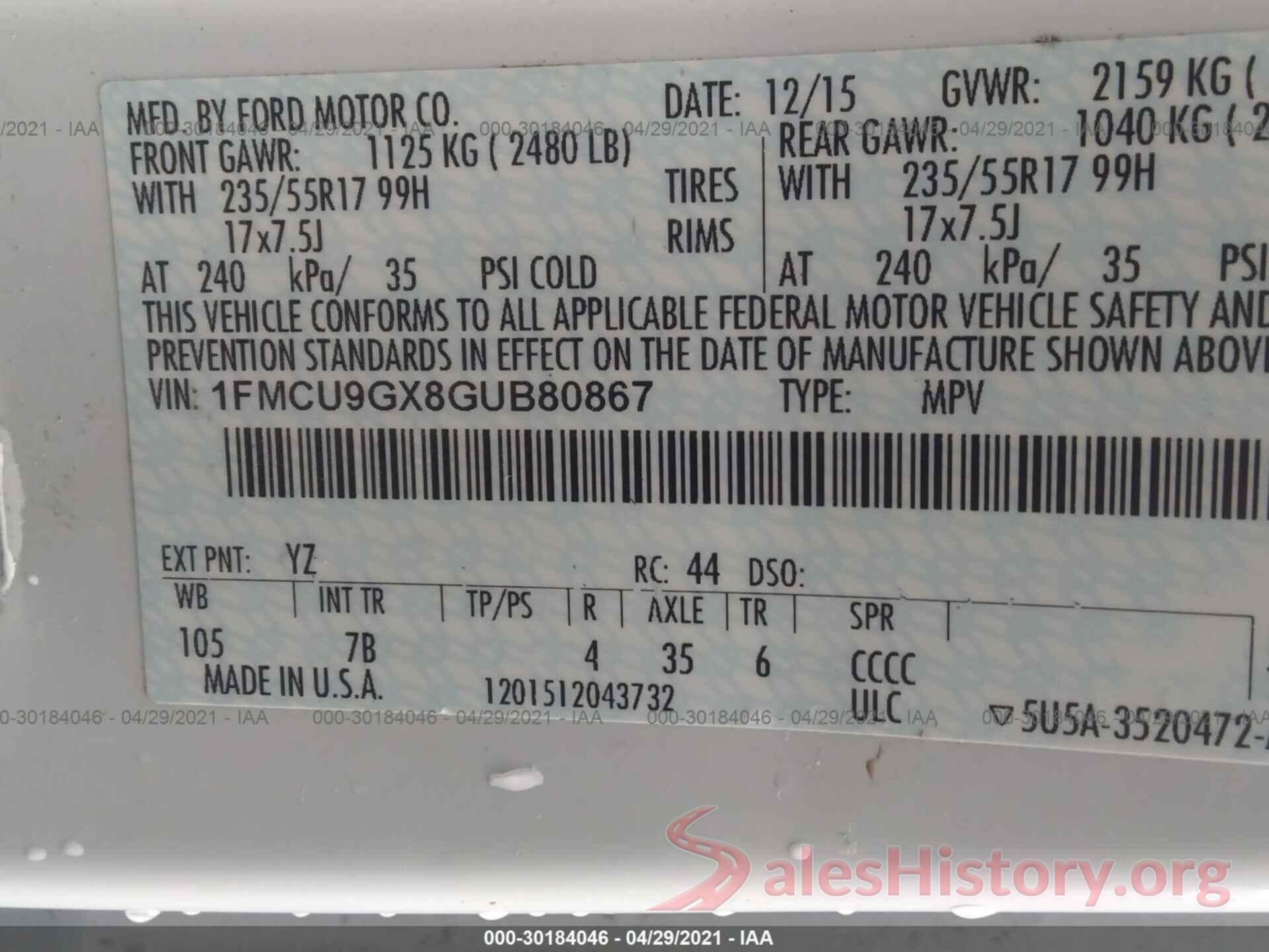 1FMCU9GX8GUB80867 2016 FORD ESCAPE