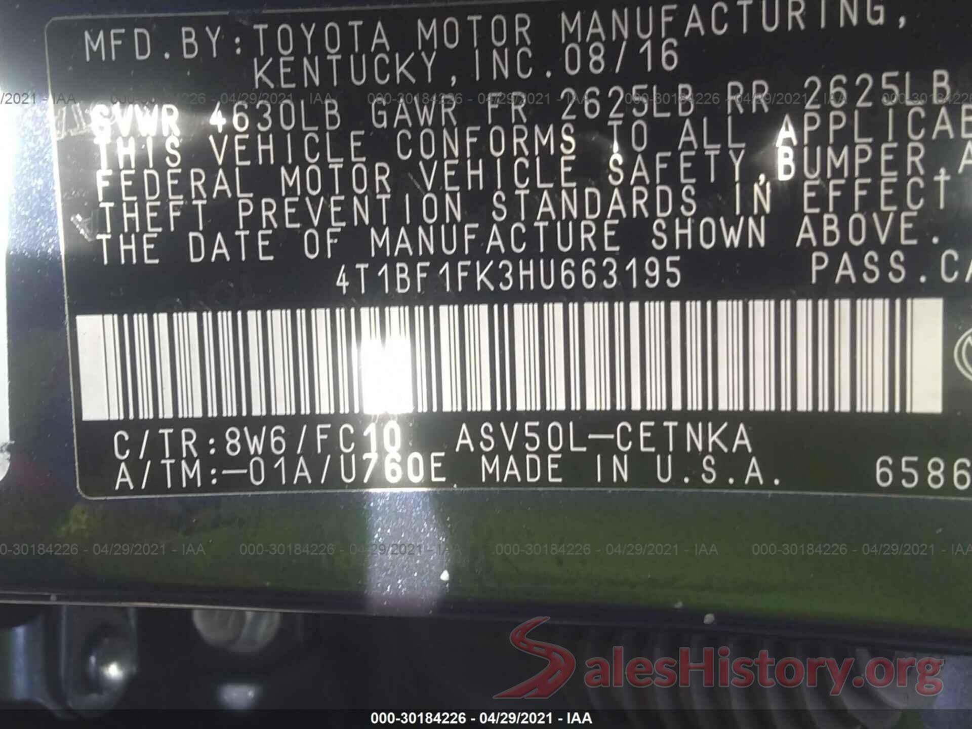 4T1BF1FK3HU663195 2017 TOYOTA CAMRY