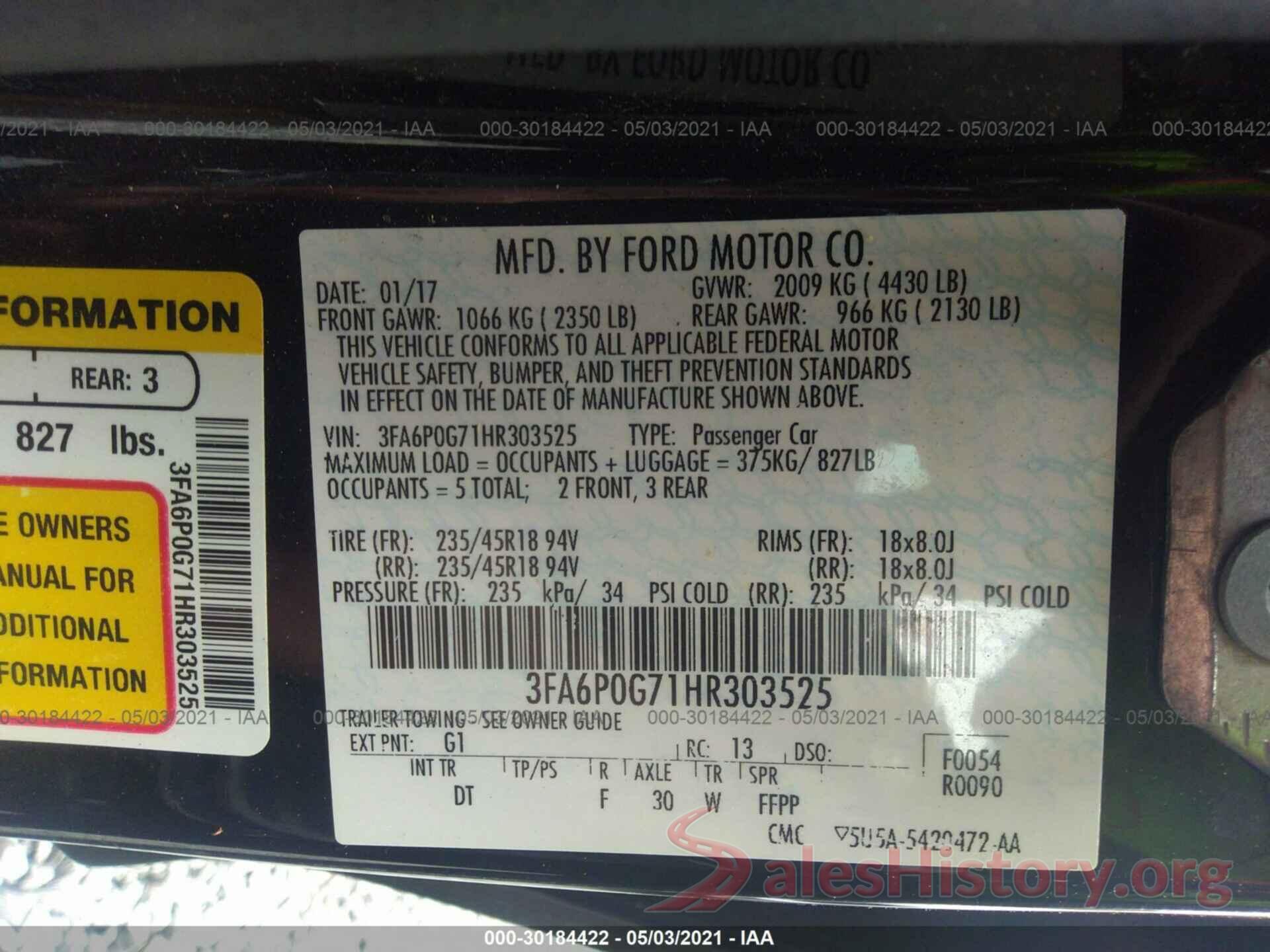 3FA6P0G71HR303525 2017 FORD FUSION