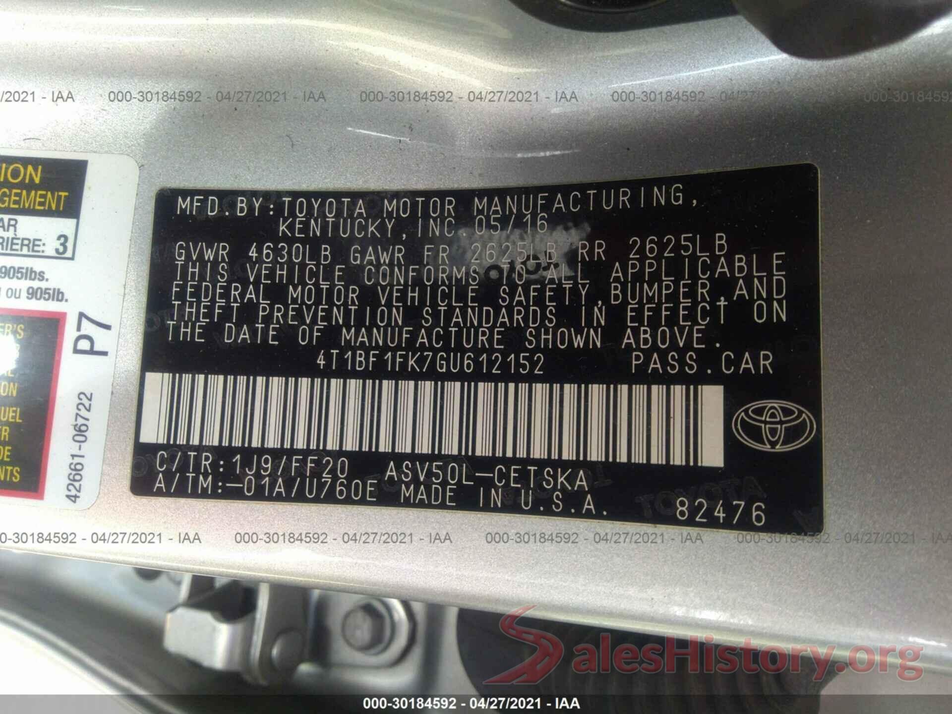 4T1BF1FK7GU612152 2016 TOYOTA CAMRY