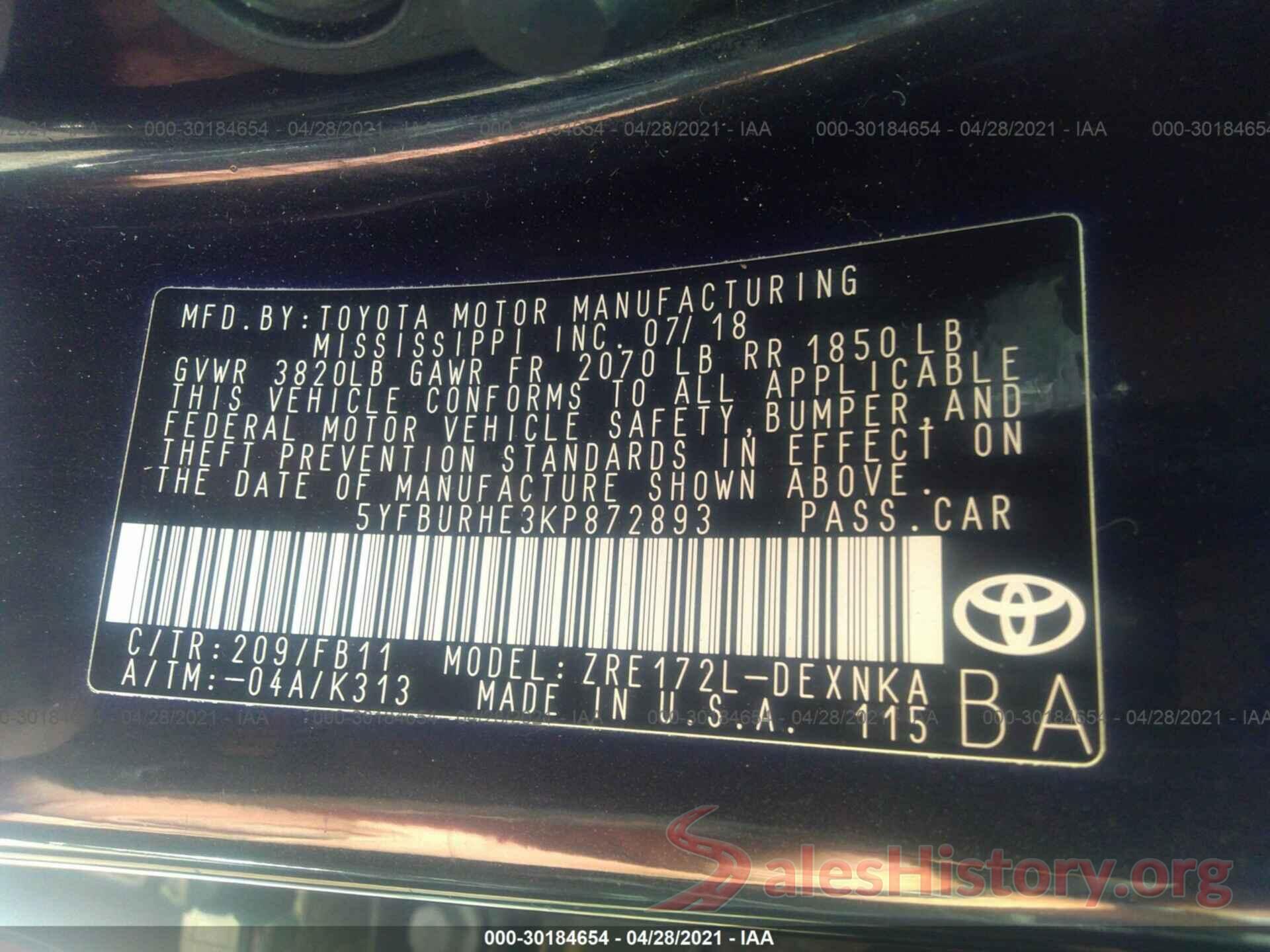 5YFBURHE3KP872893 2019 TOYOTA COROLLA