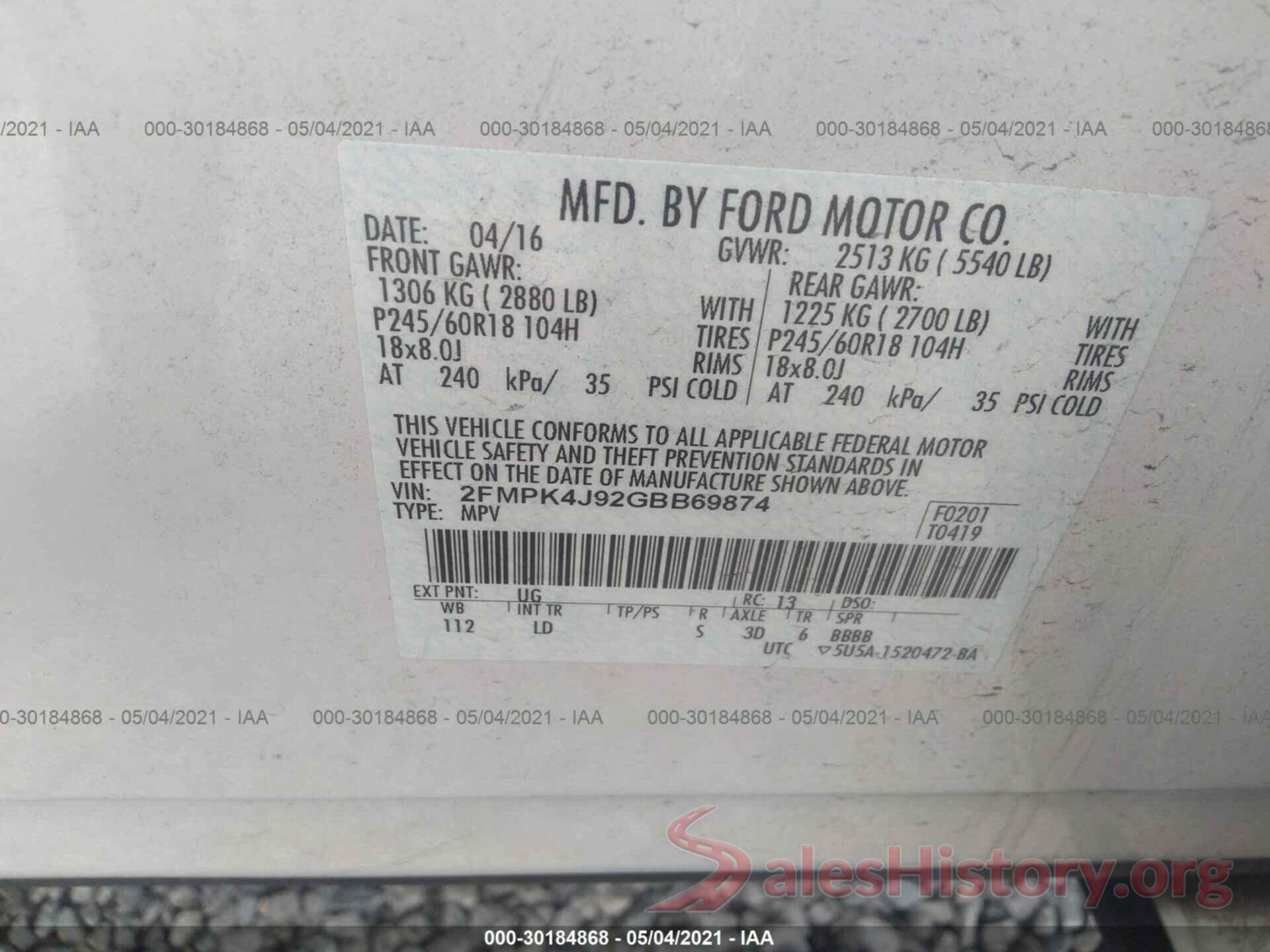 2FMPK4J92GBB69874 2016 FORD EDGE