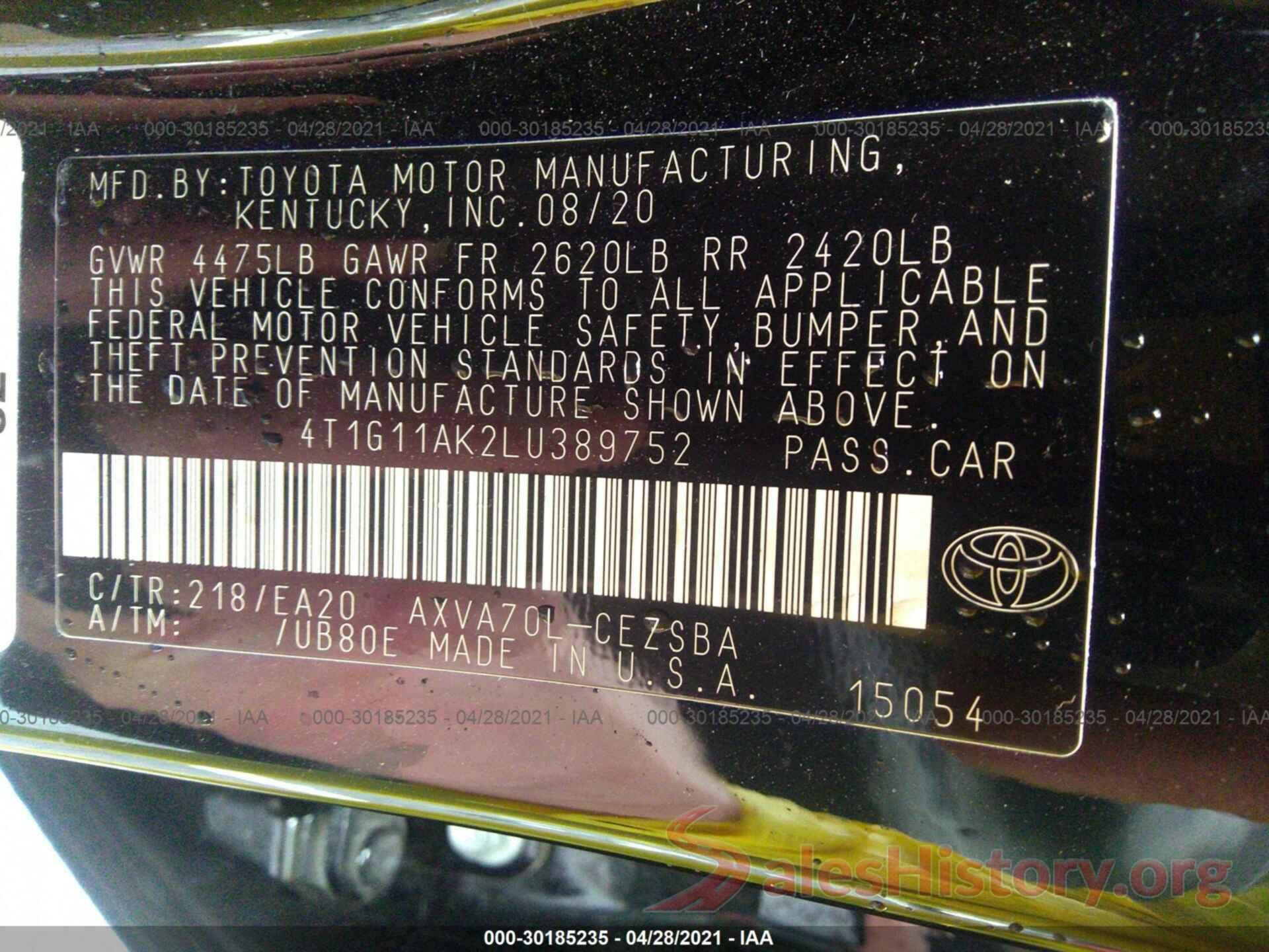 4T1G11AK2LU389752 2020 TOYOTA CAMRY