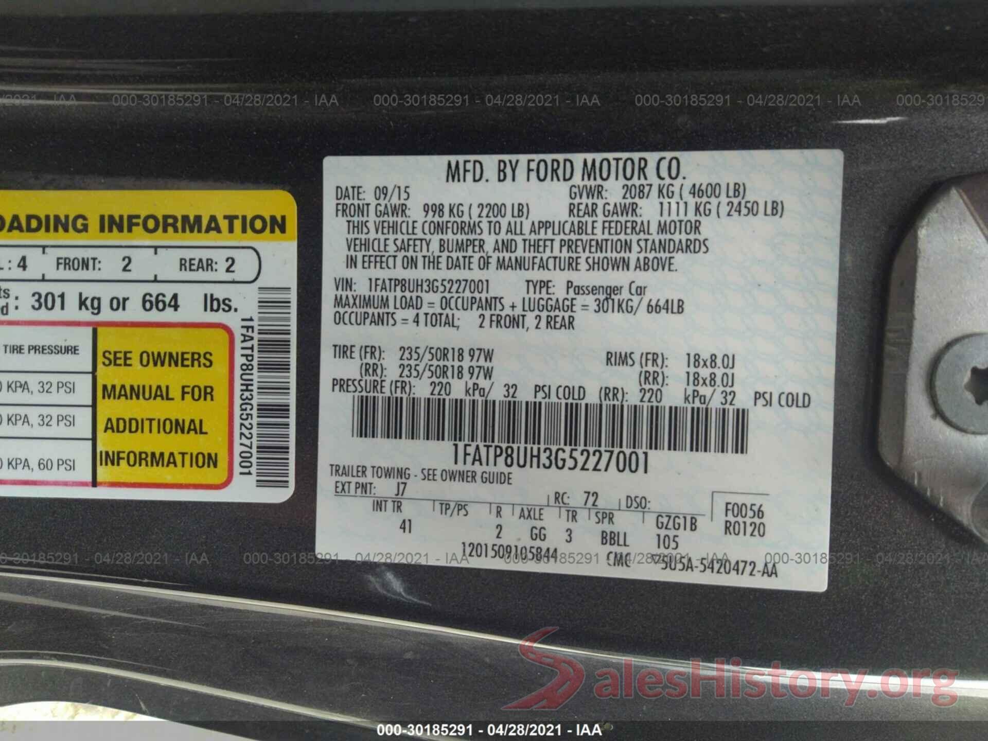 1FATP8UH3G5227001 2016 FORD MUSTANG