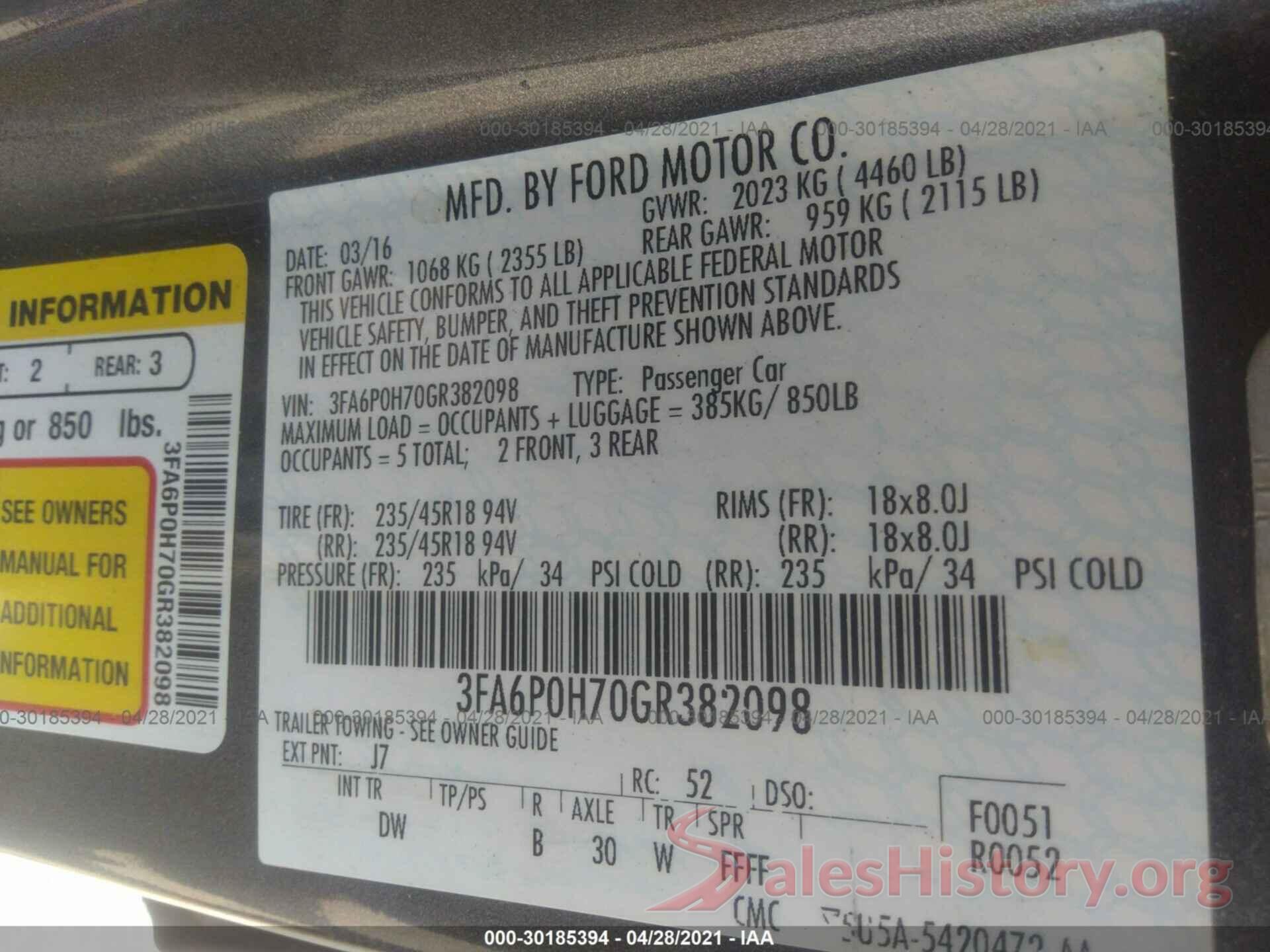 3FA6P0H70GR382098 2016 FORD FUSION