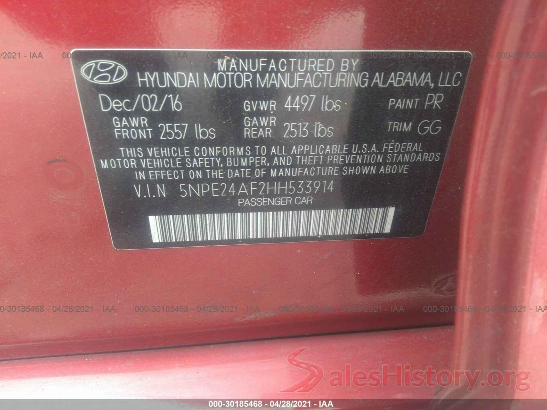 5NPE24AF2HH533914 2017 HYUNDAI SONATA