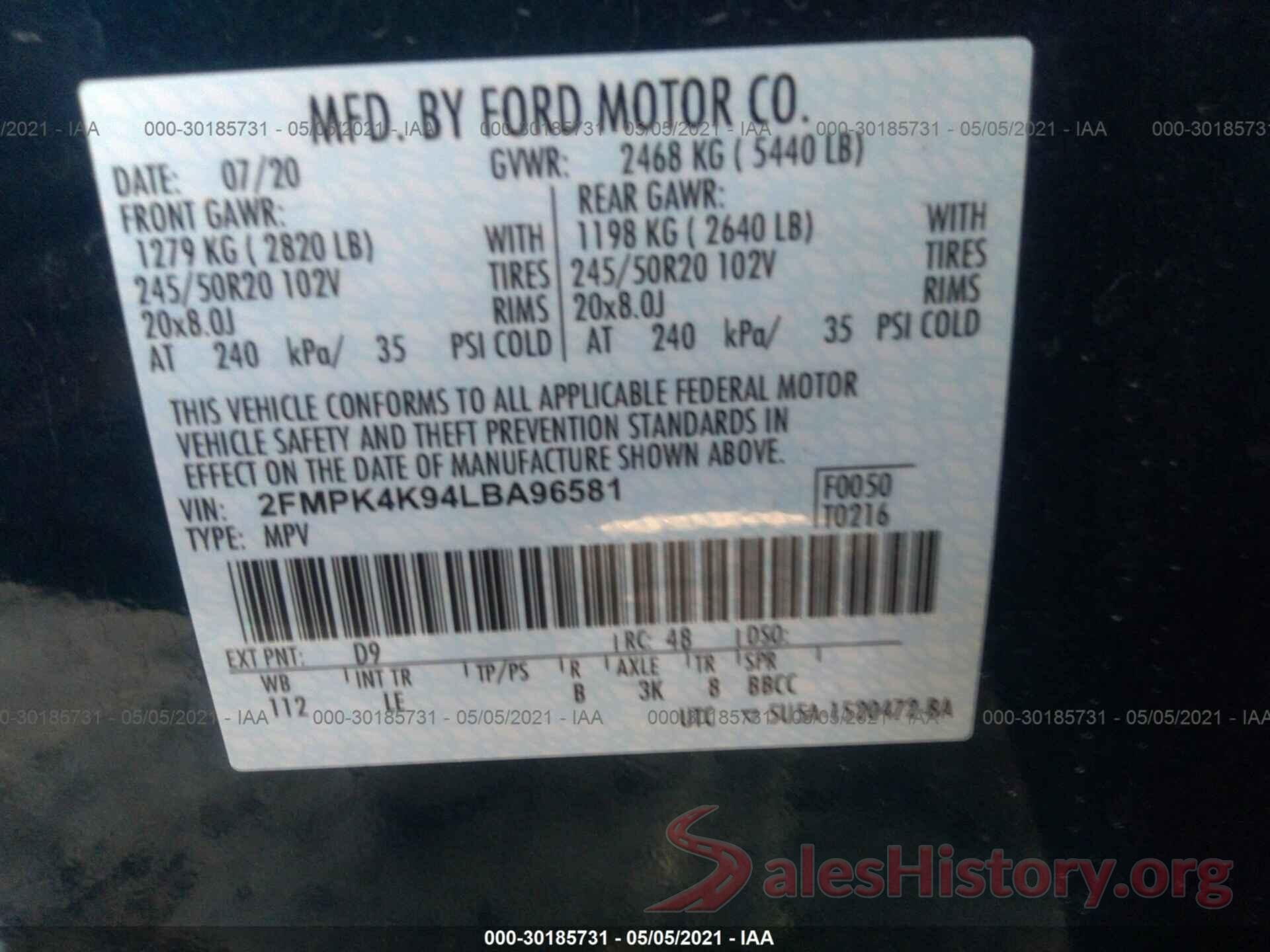 2FMPK4K94LBA96581 2020 FORD EDGE