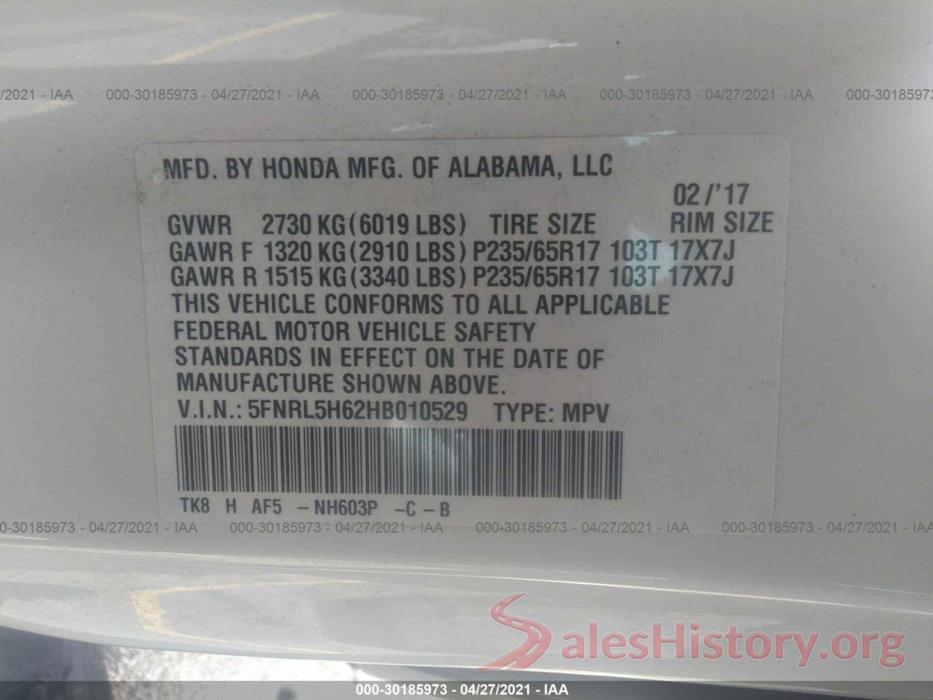 5FNRL5H62HB010529 2017 HONDA ODYSSEY