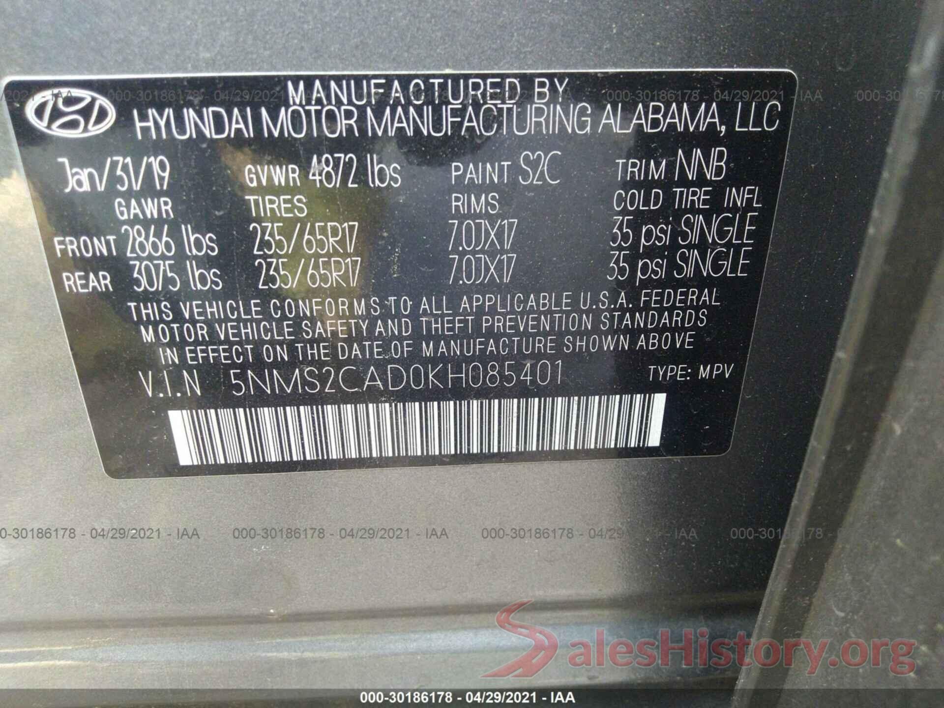 5NMS2CAD0KH085401 2019 HYUNDAI SANTA FE