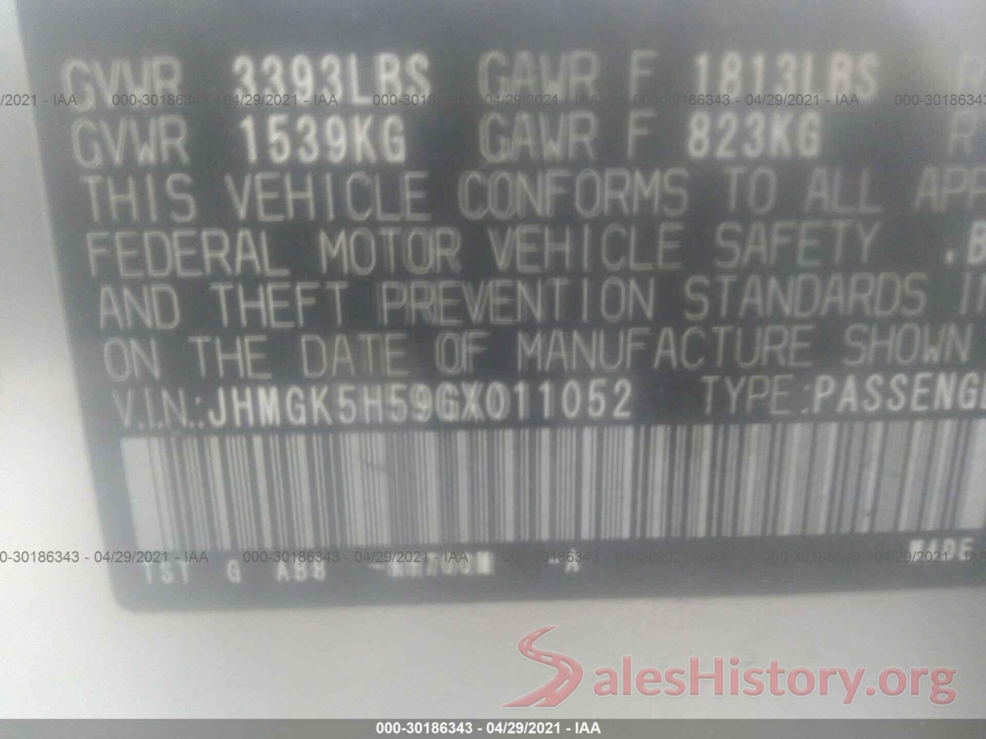 JHMGK5H59GX011052 2016 HONDA FIT