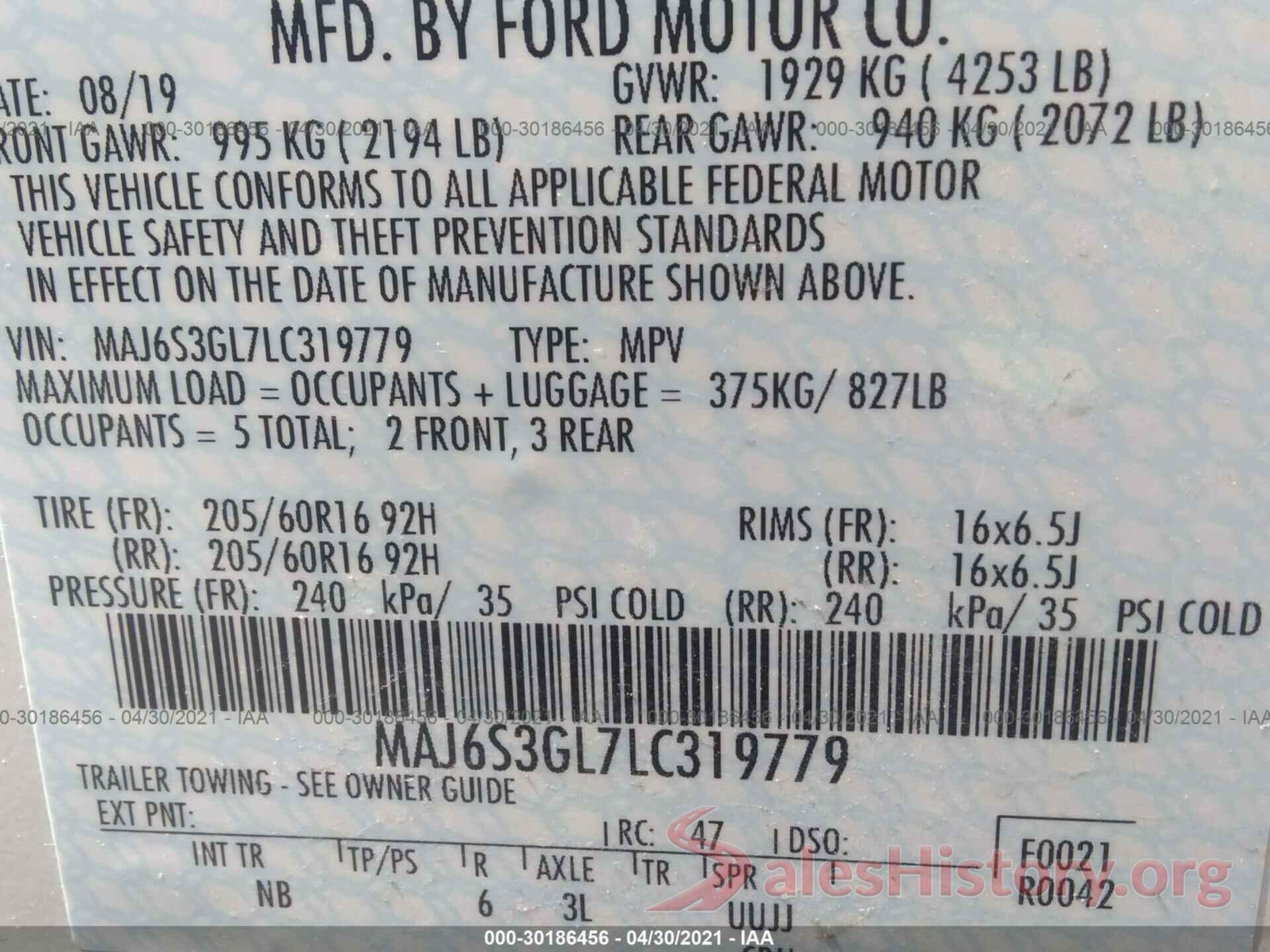 MAJ6S3GL7LC319779 2020 FORD ECOSPORT