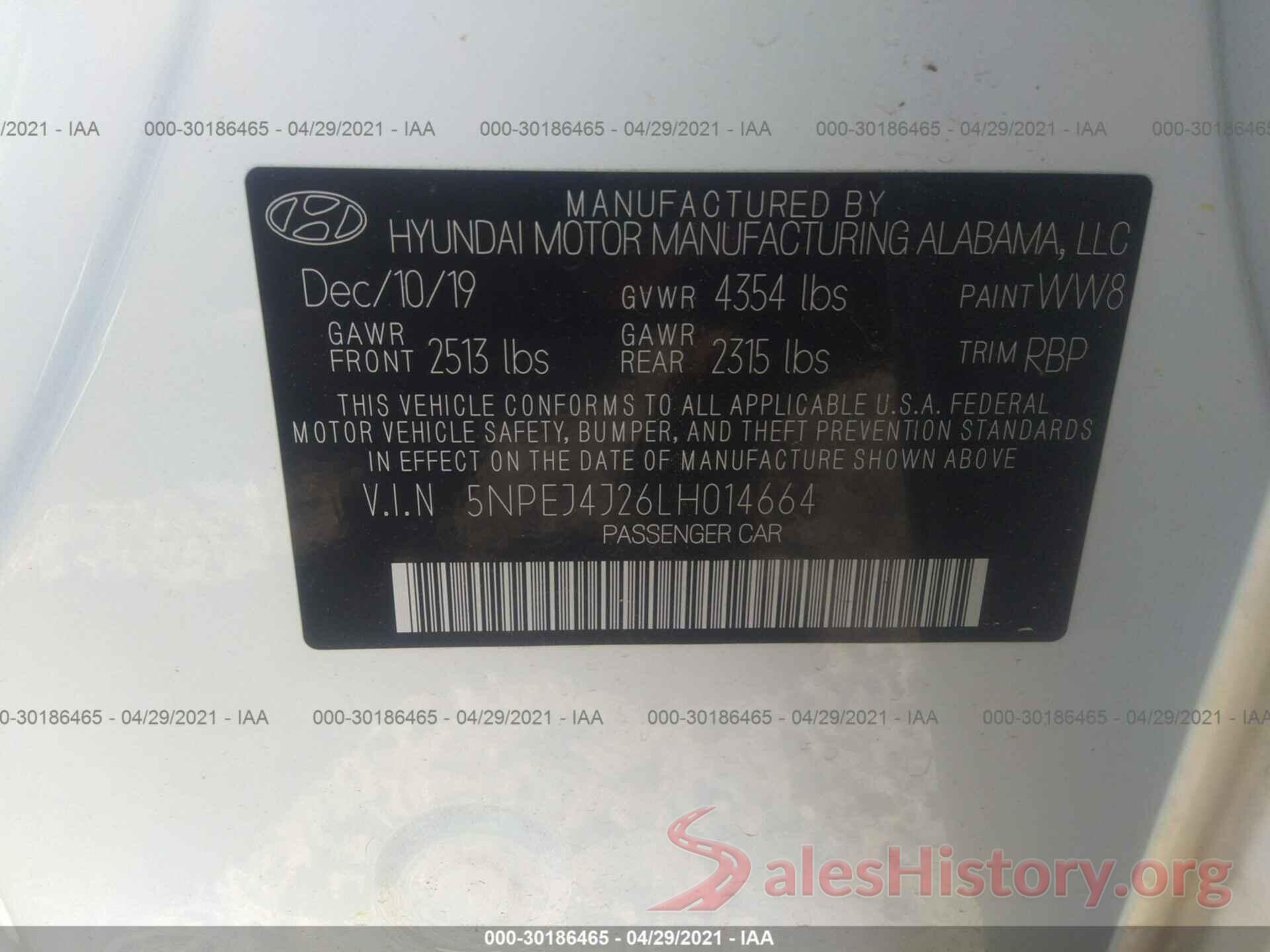 5NPEJ4J26LH014664 2020 HYUNDAI SONATA