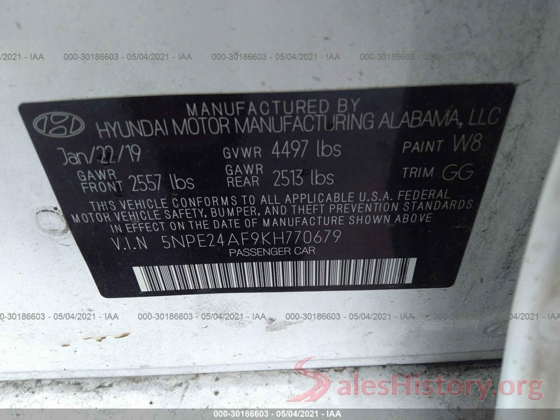 5NPE24AF9KH770679 2019 HYUNDAI SONATA