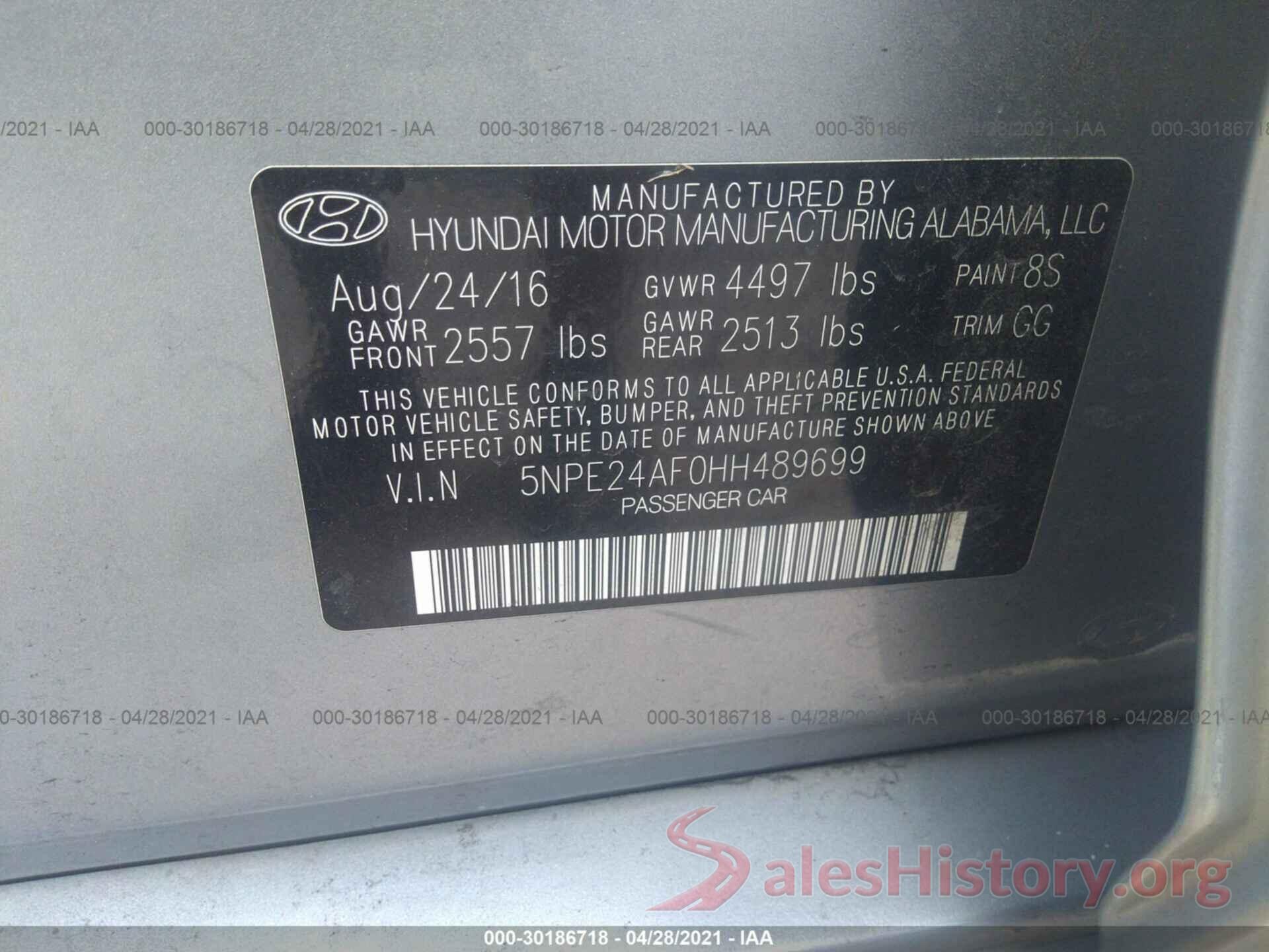 5NPE24AF0HH489699 2017 HYUNDAI SONATA