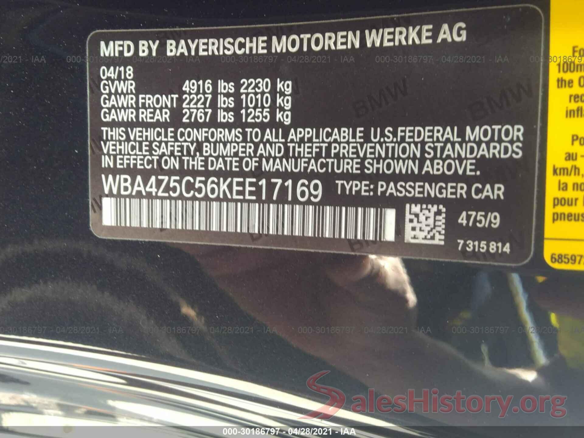 WBA4Z5C56KEE17169 2019 BMW 4 SERIES