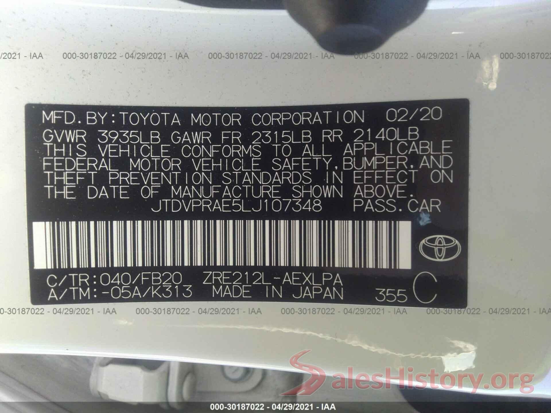 JTDVPRAE5LJ107348 2020 TOYOTA COROLLA