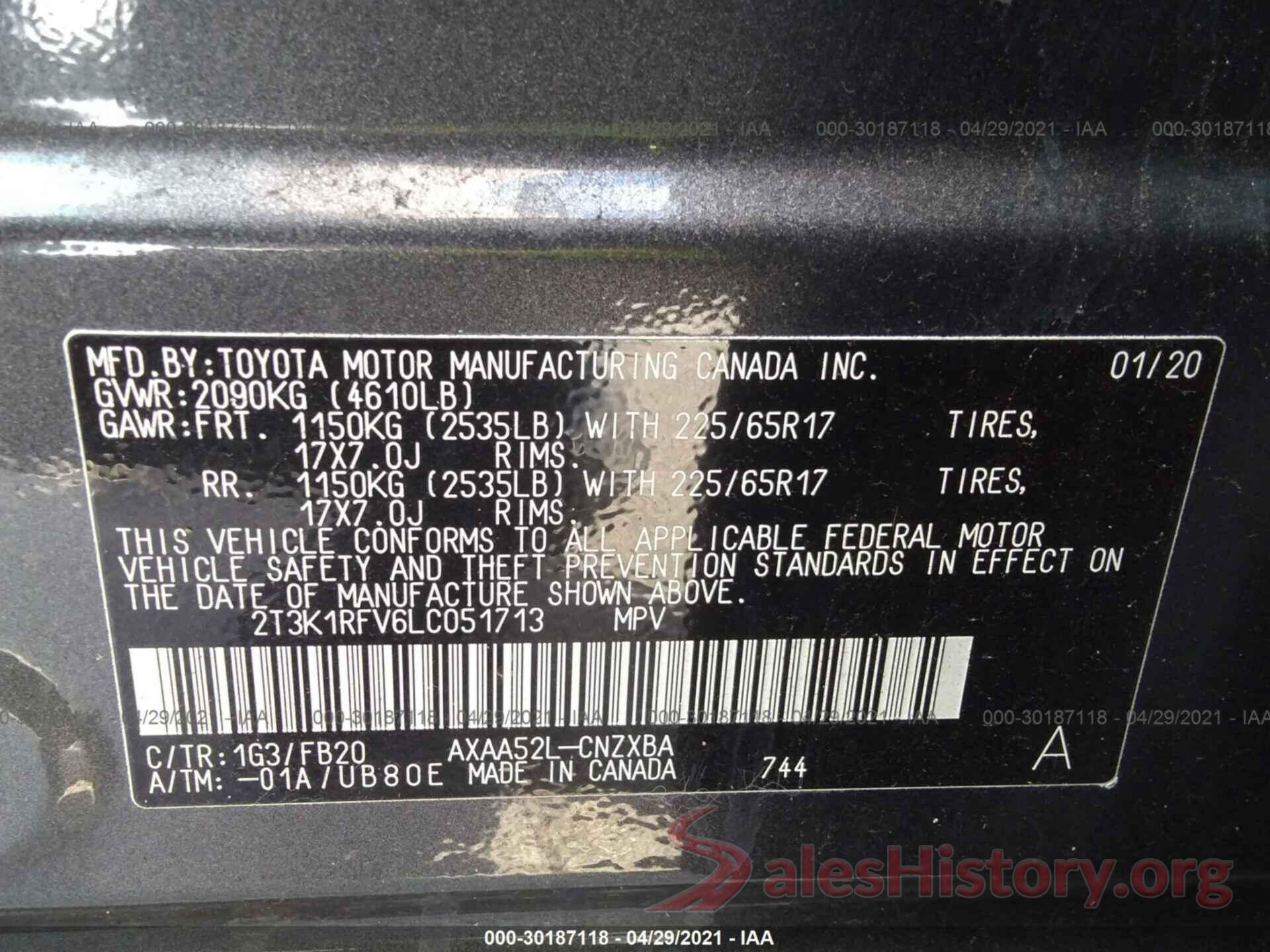 2T3K1RFV6LC051713 2020 TOYOTA RAV4