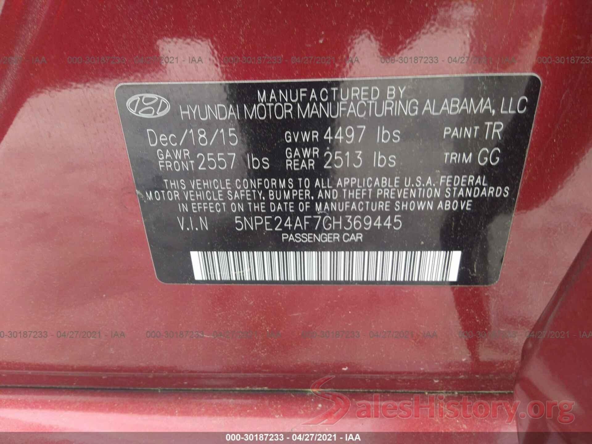 5NPE24AF7GH369445 2016 HYUNDAI SONATA