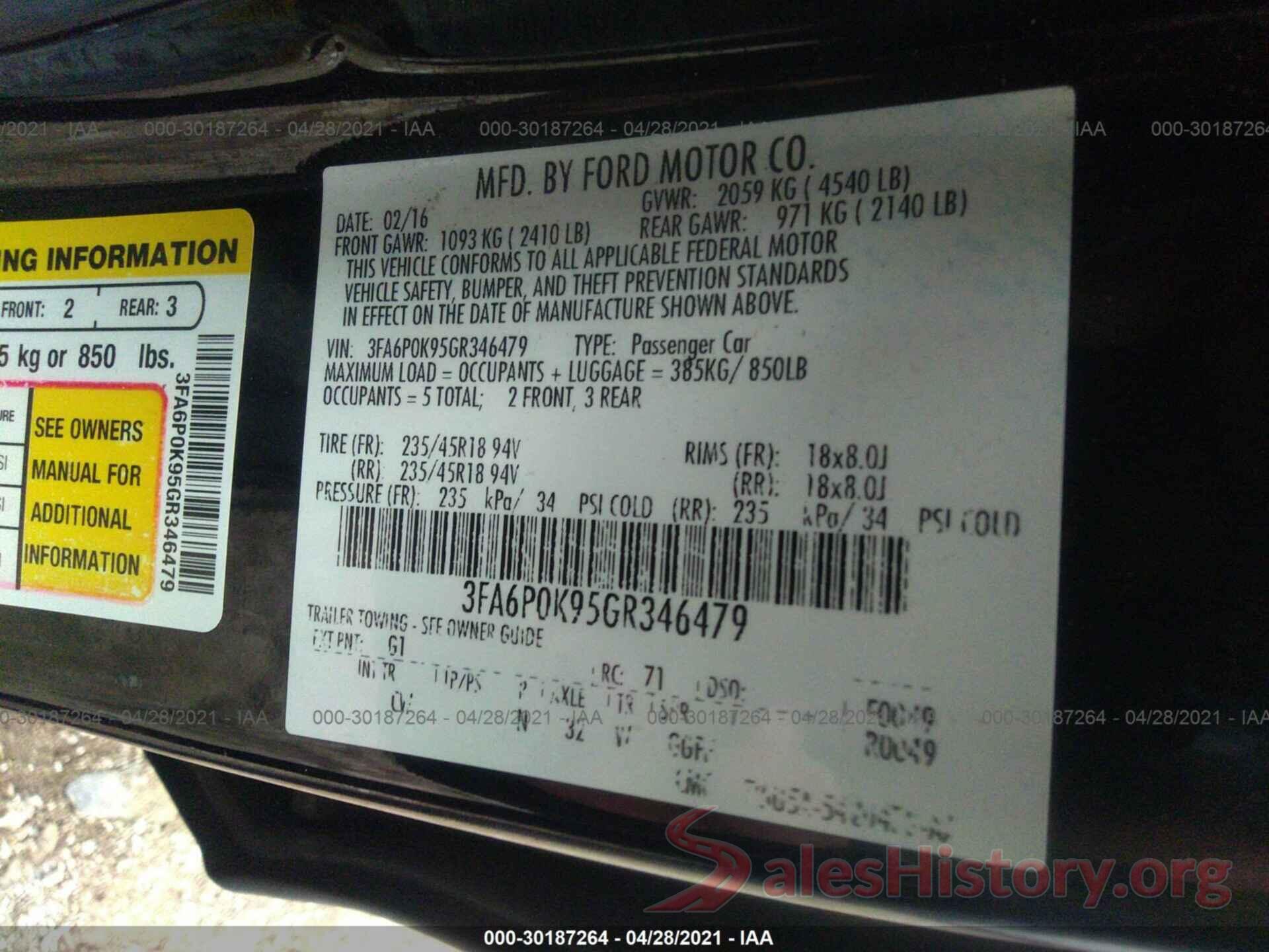 3FA6P0K95GR346479 2016 FORD FUSION