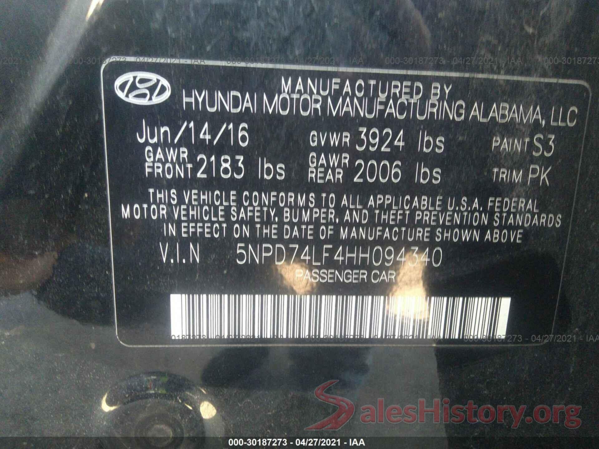 5NPD74LF4HH094340 2017 HYUNDAI ELANTRA