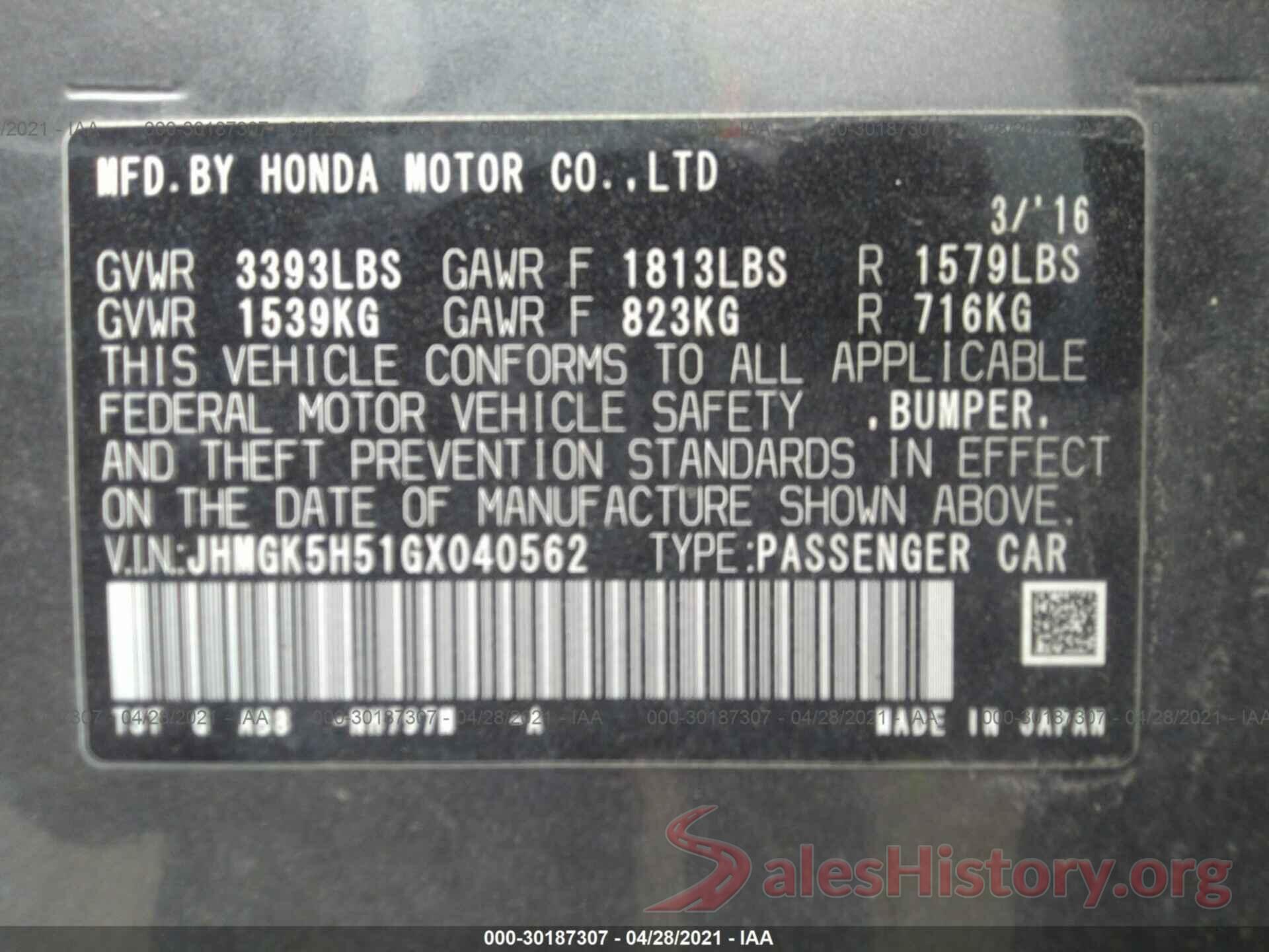 JHMGK5H51GX040562 2016 HONDA FIT