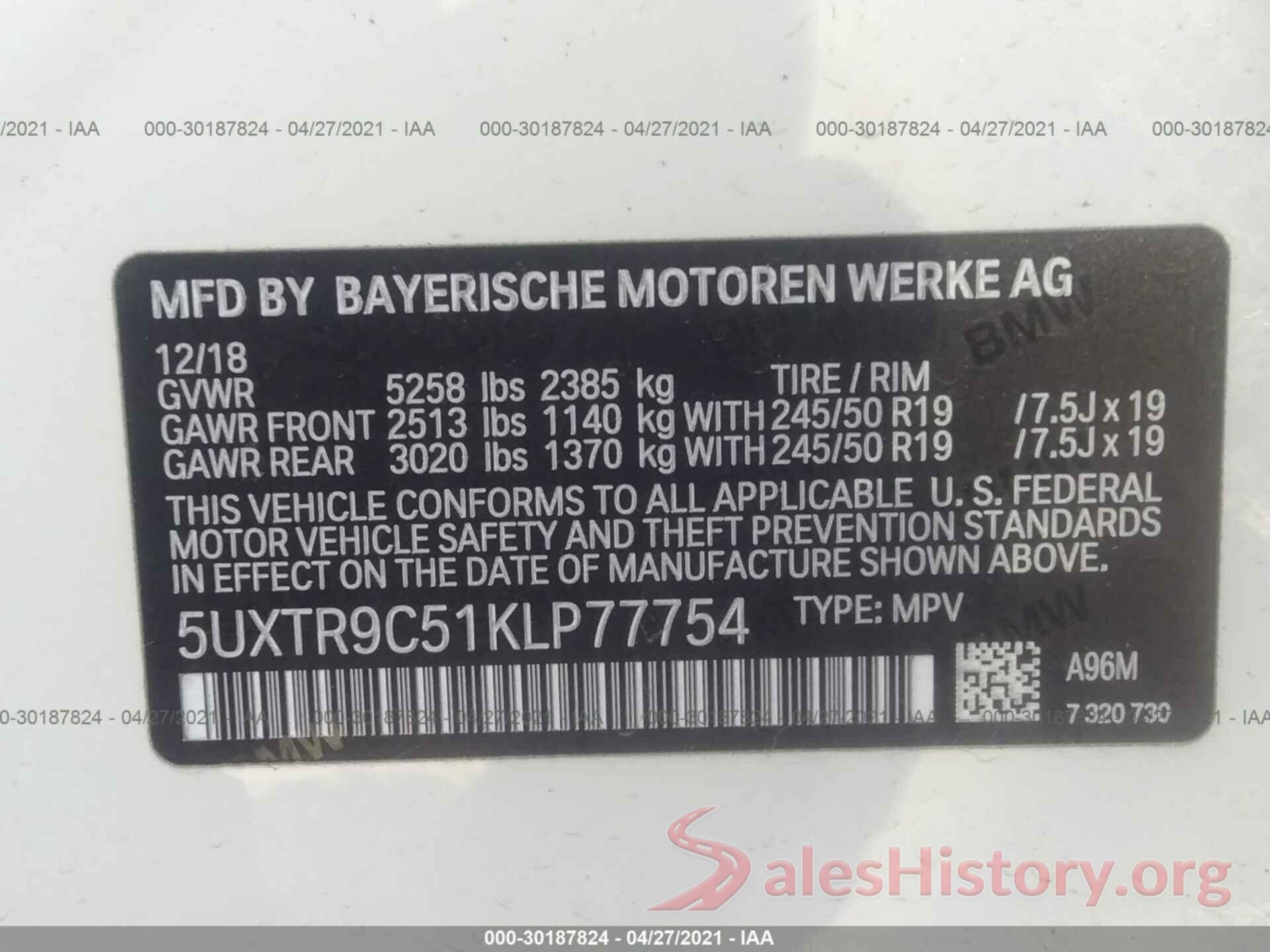 5UXTR9C51KLP77754 2019 BMW X3