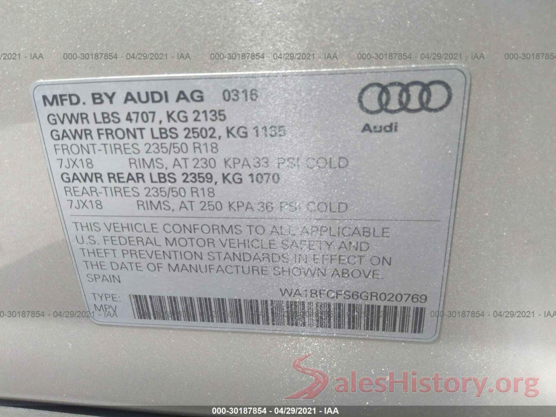 WA1BFCFS6GR020769 2016 AUDI Q3