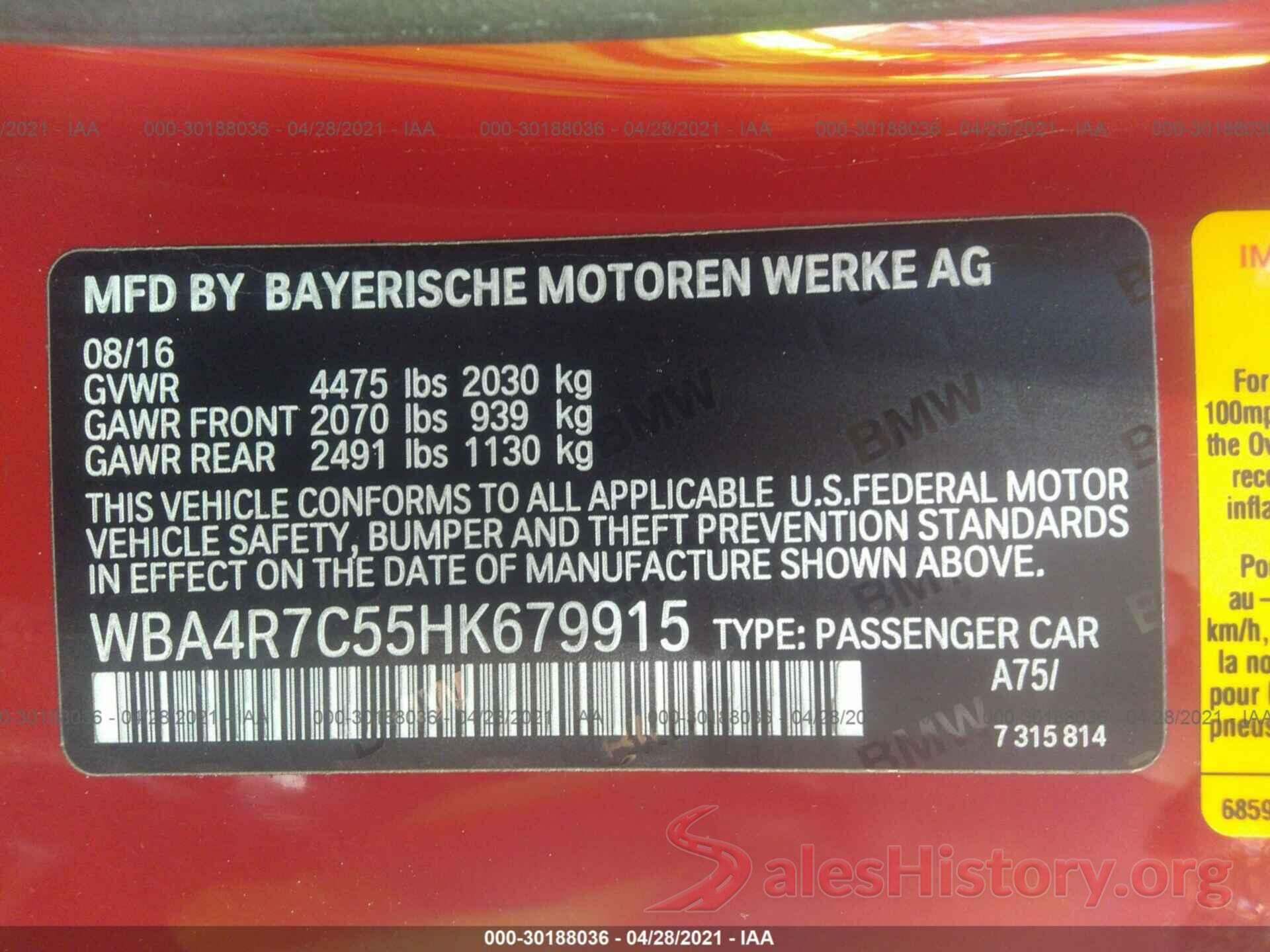 WBA4R7C55HK679915 2017 BMW 4 SERIES