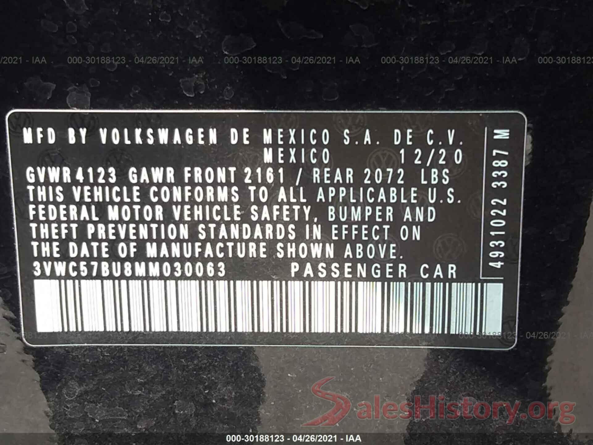 3VWC57BU8MM030063 2021 VOLKSWAGEN JETTA