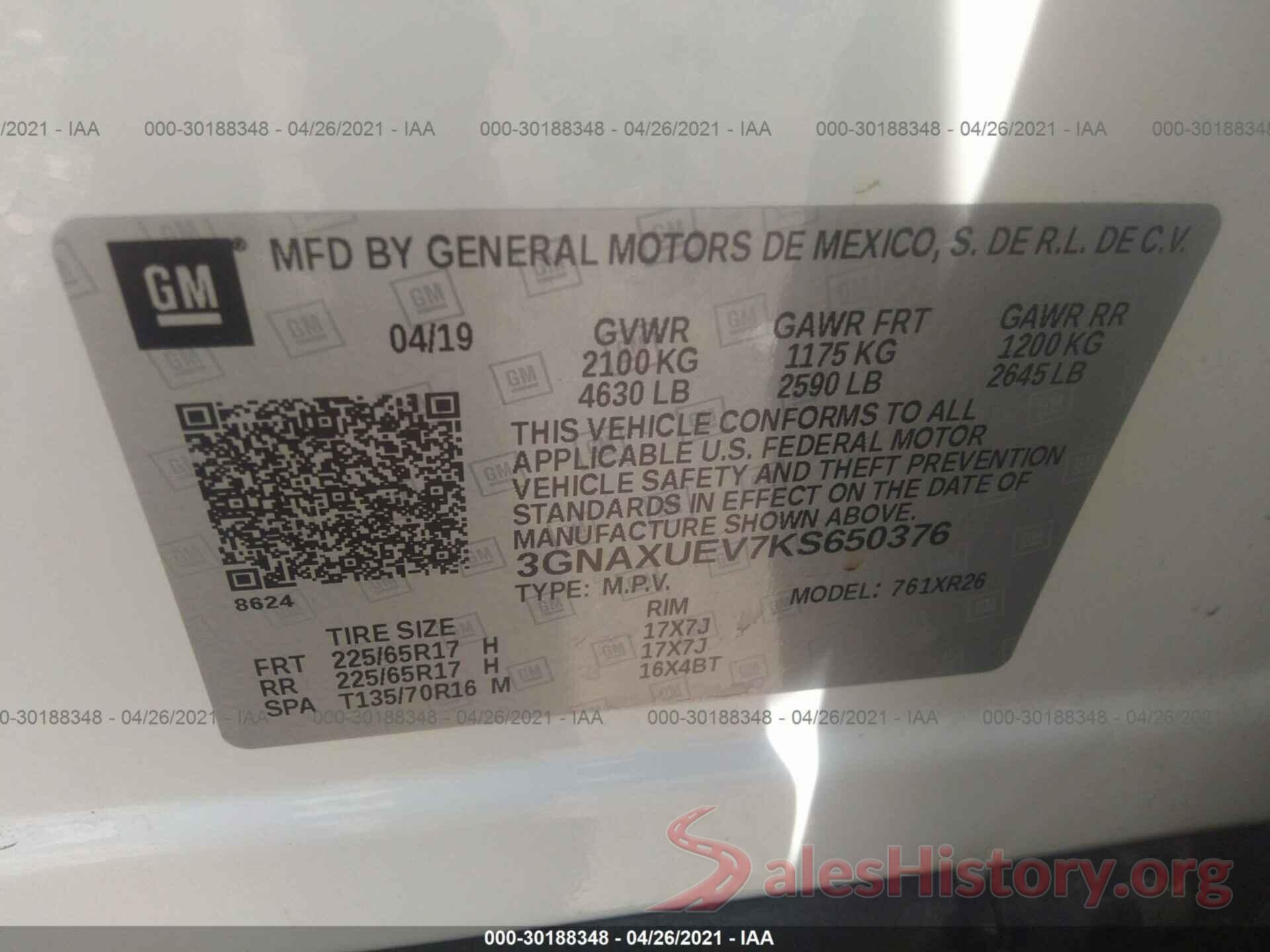 3GNAXUEV7KS650376 2019 CHEVROLET EQUINOX