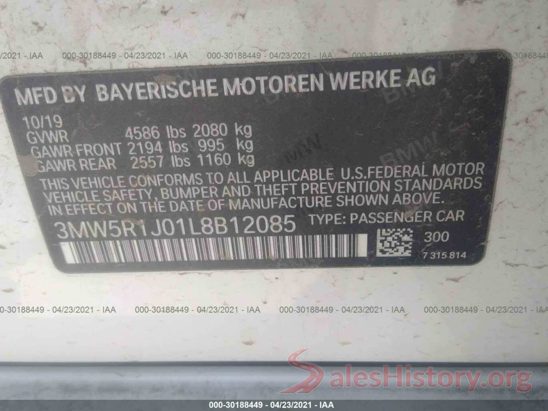 3MW5R1J01L8B12085 2020 BMW 3 SERIES