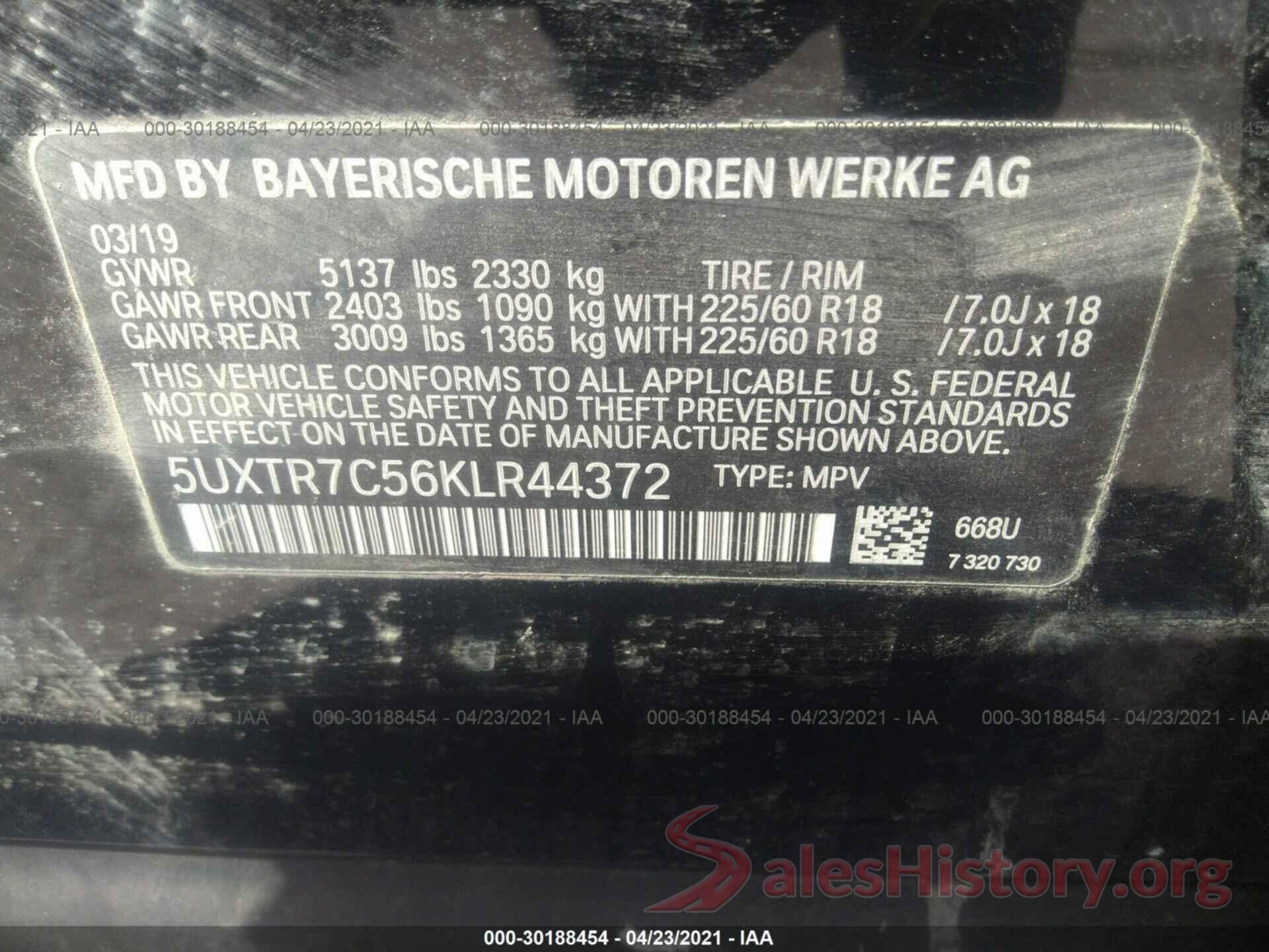 5UXTR7C56KLR44372 2019 BMW X3