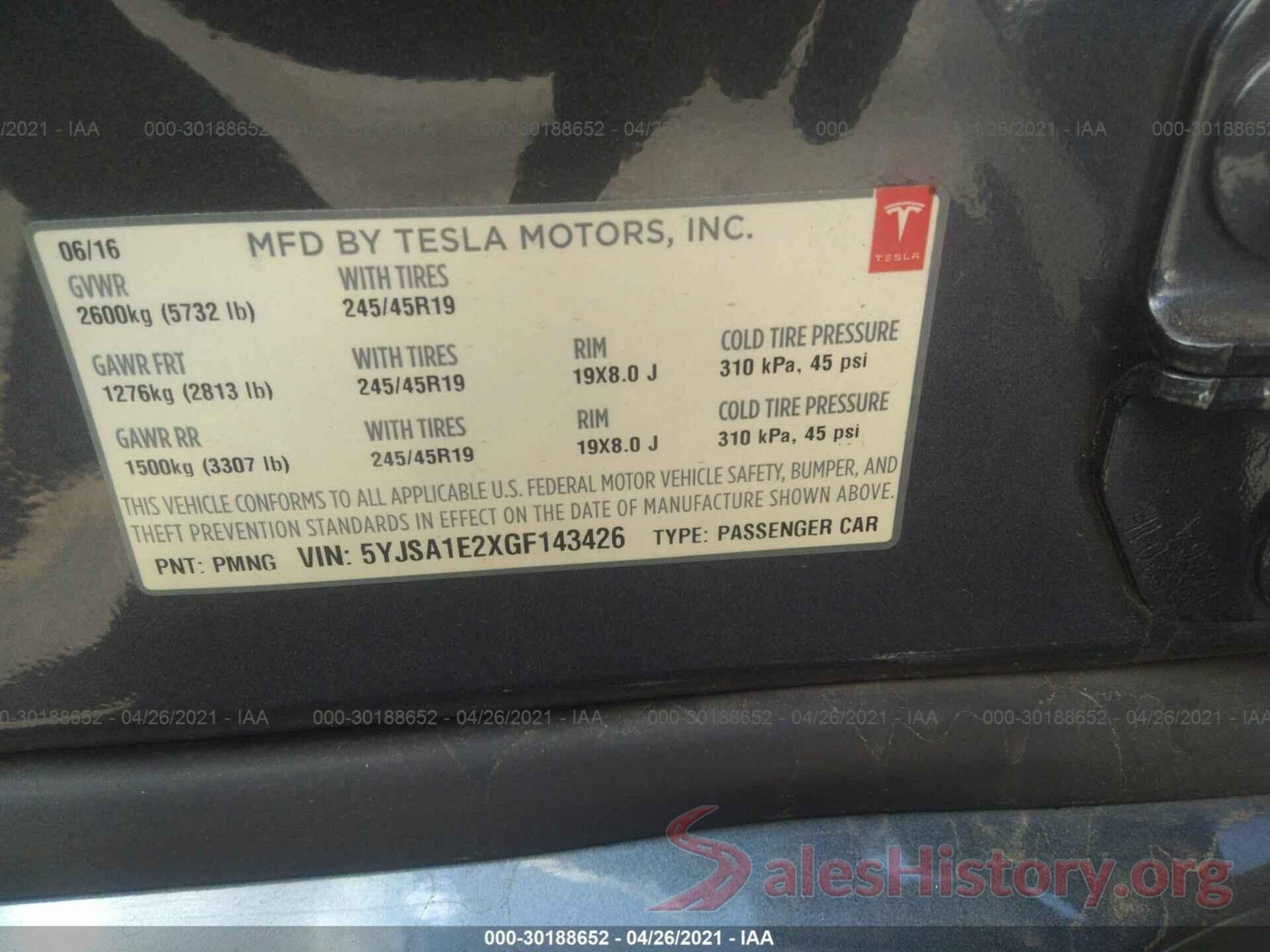 5YJSA1E2XGF143426 2016 TESLA MODEL S