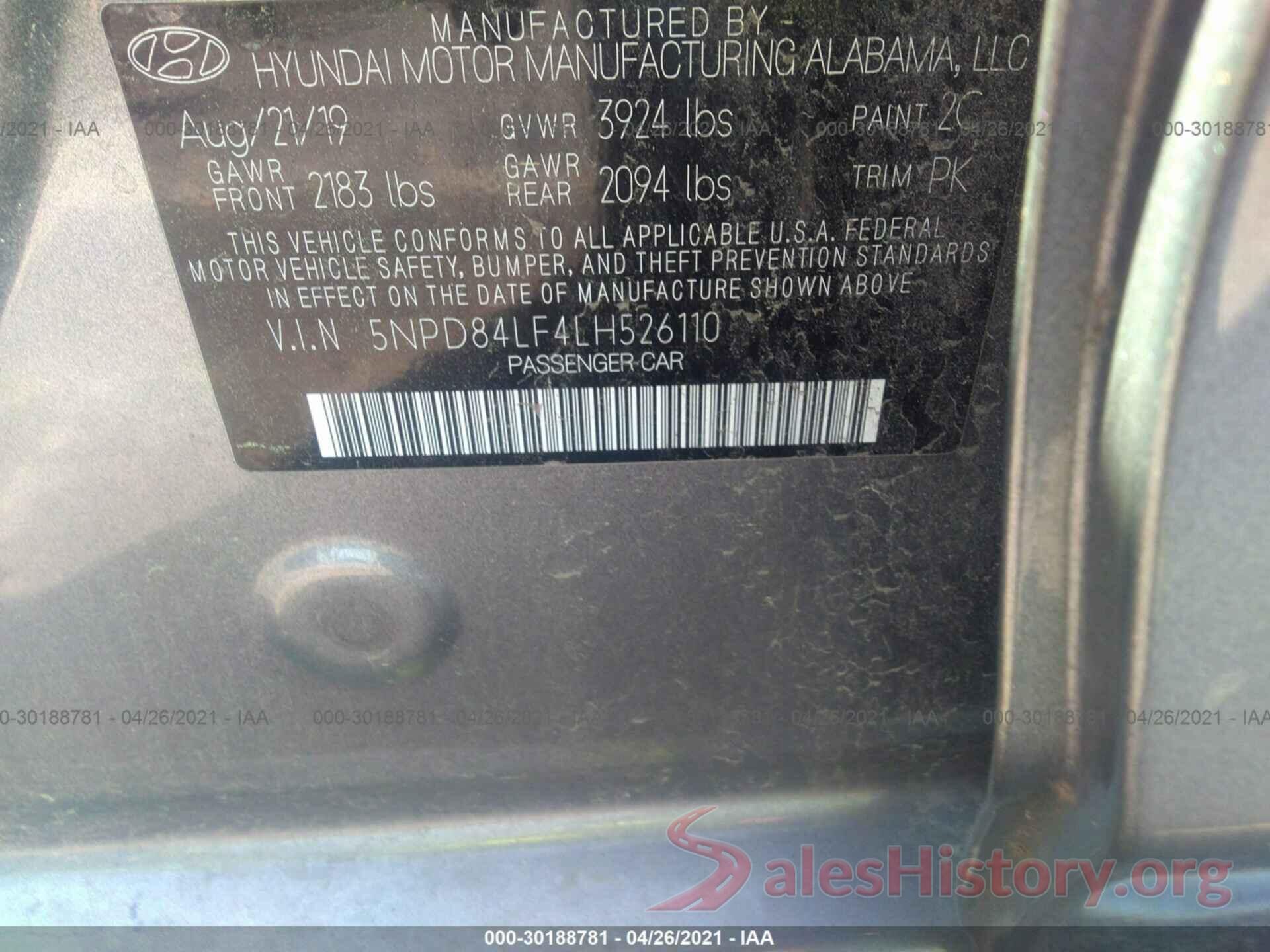 5NPD84LF4LH526110 2020 HYUNDAI ELANTRA