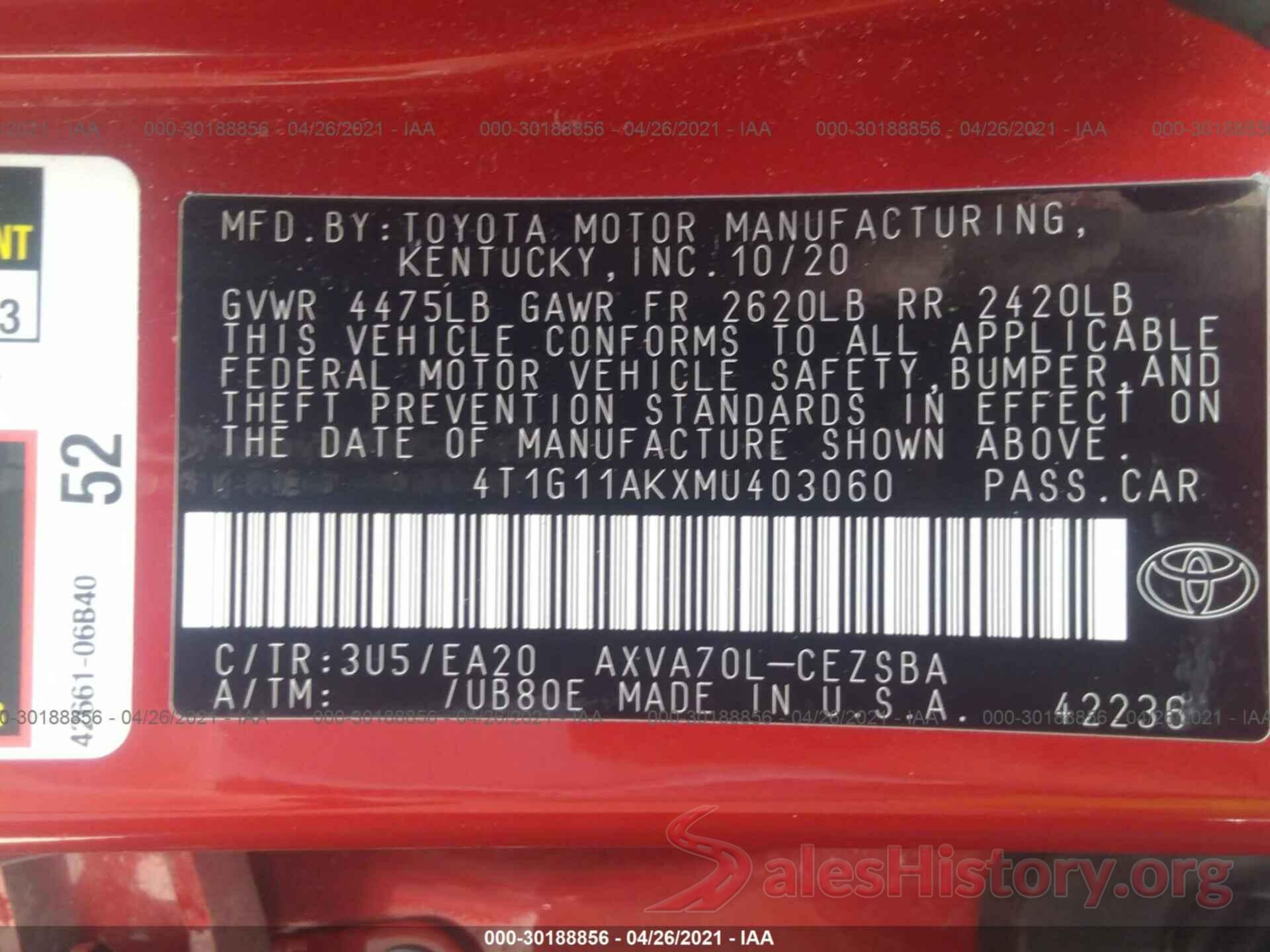 4T1G11AKXMU403060 2021 TOYOTA CAMRY