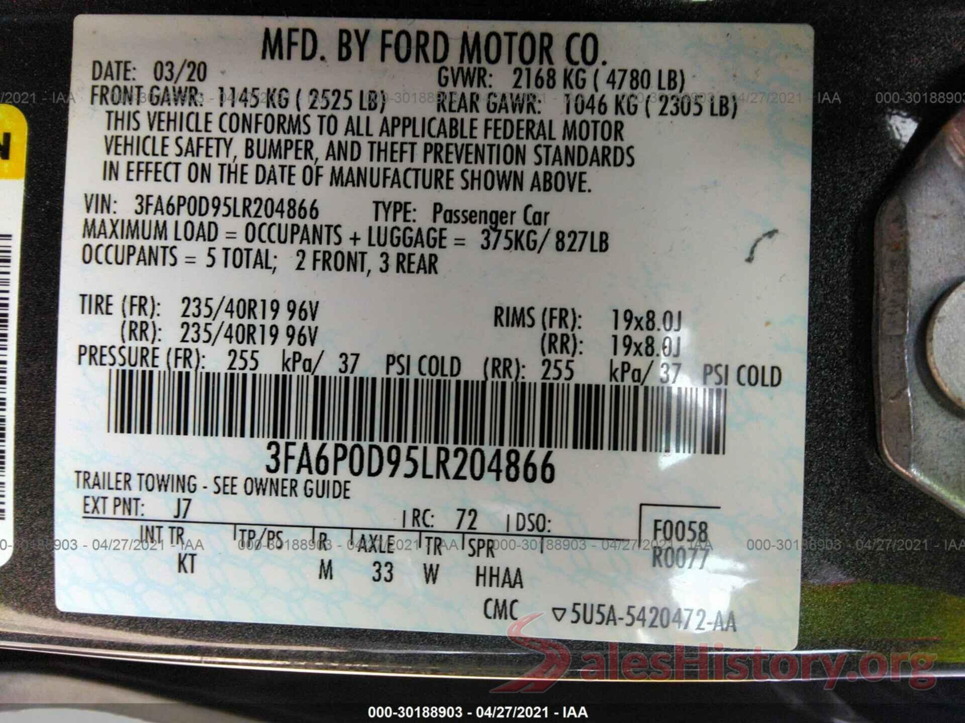 3FA6P0D95LR204866 2020 FORD FUSION