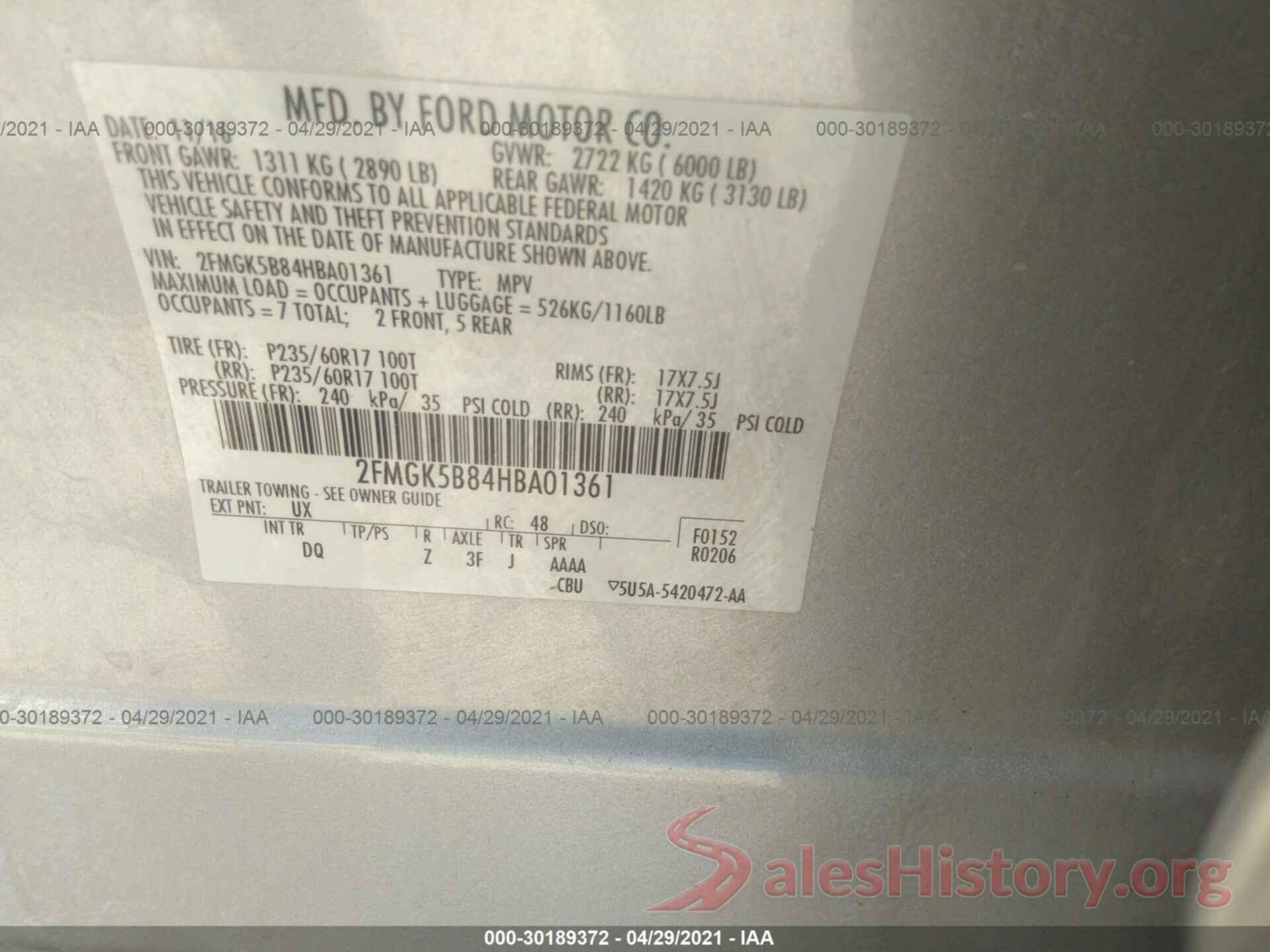 2FMGK5B84HBA01361 2017 FORD FLEX