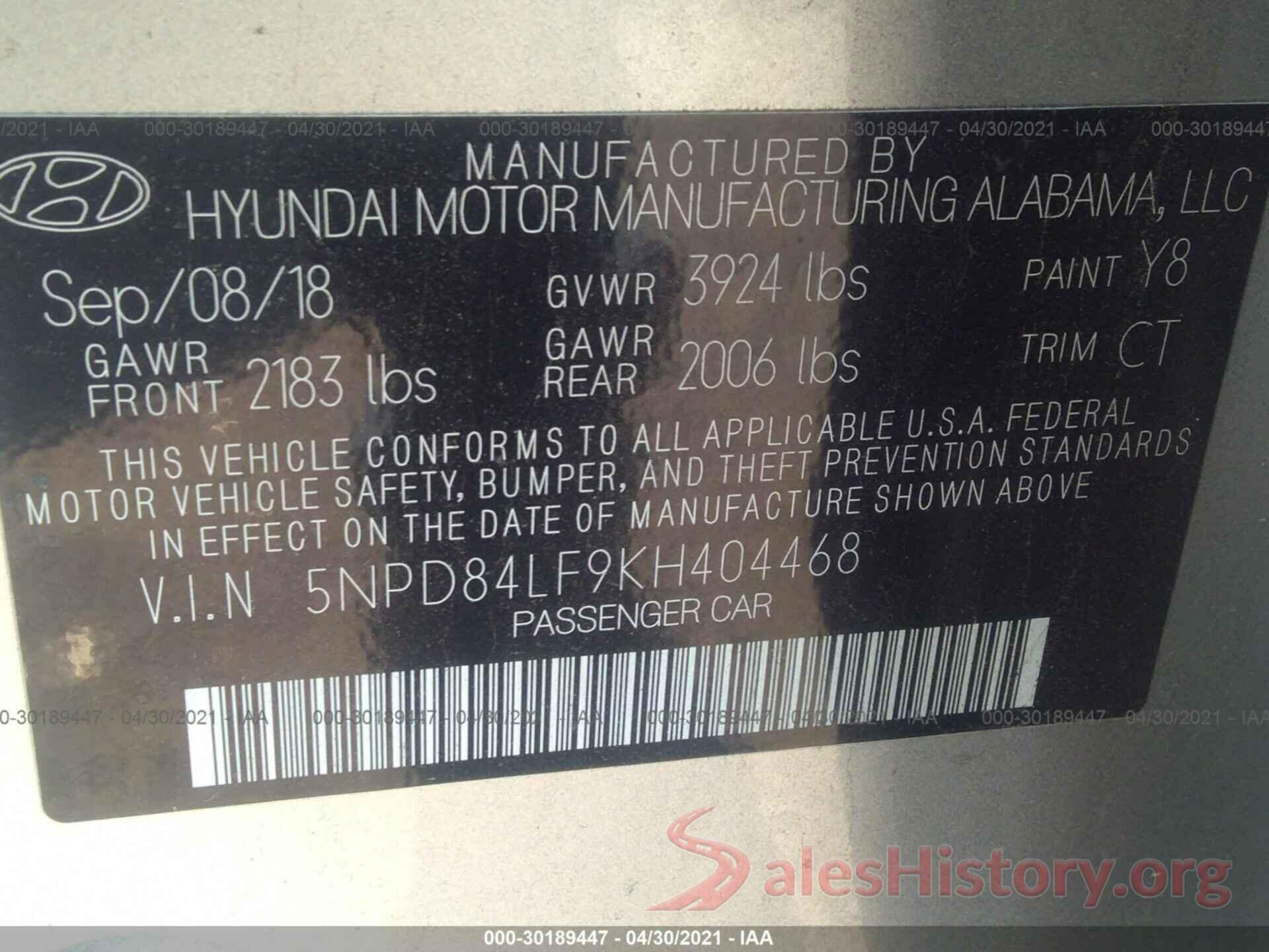 5NPD84LF9KH404468 2019 HYUNDAI ELANTRA