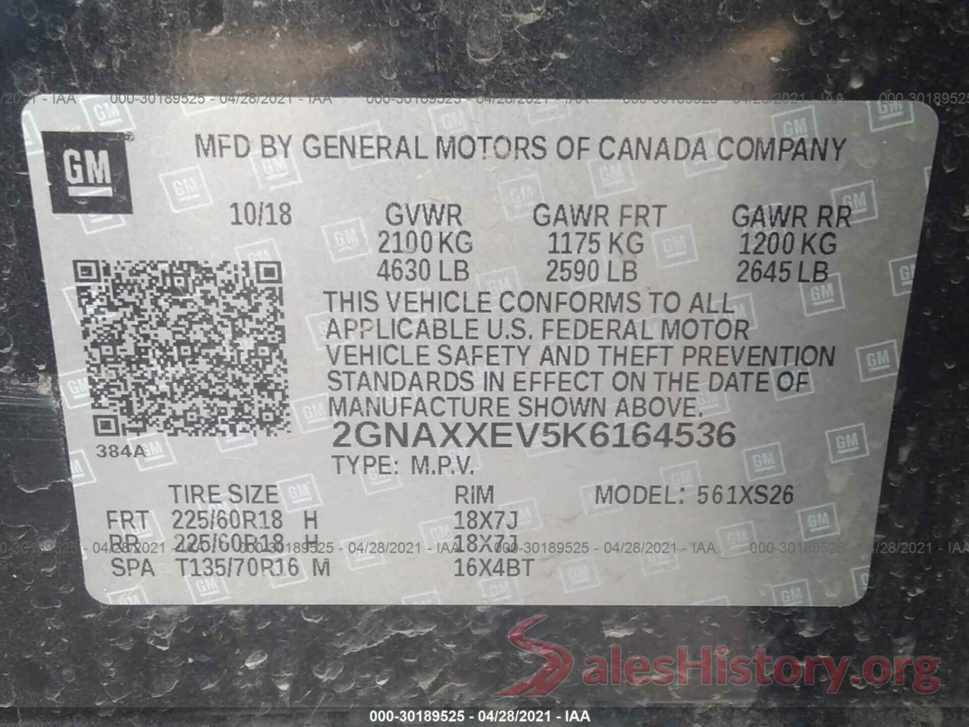 2GNAXXEV5K6164536 2019 CHEVROLET EQUINOX