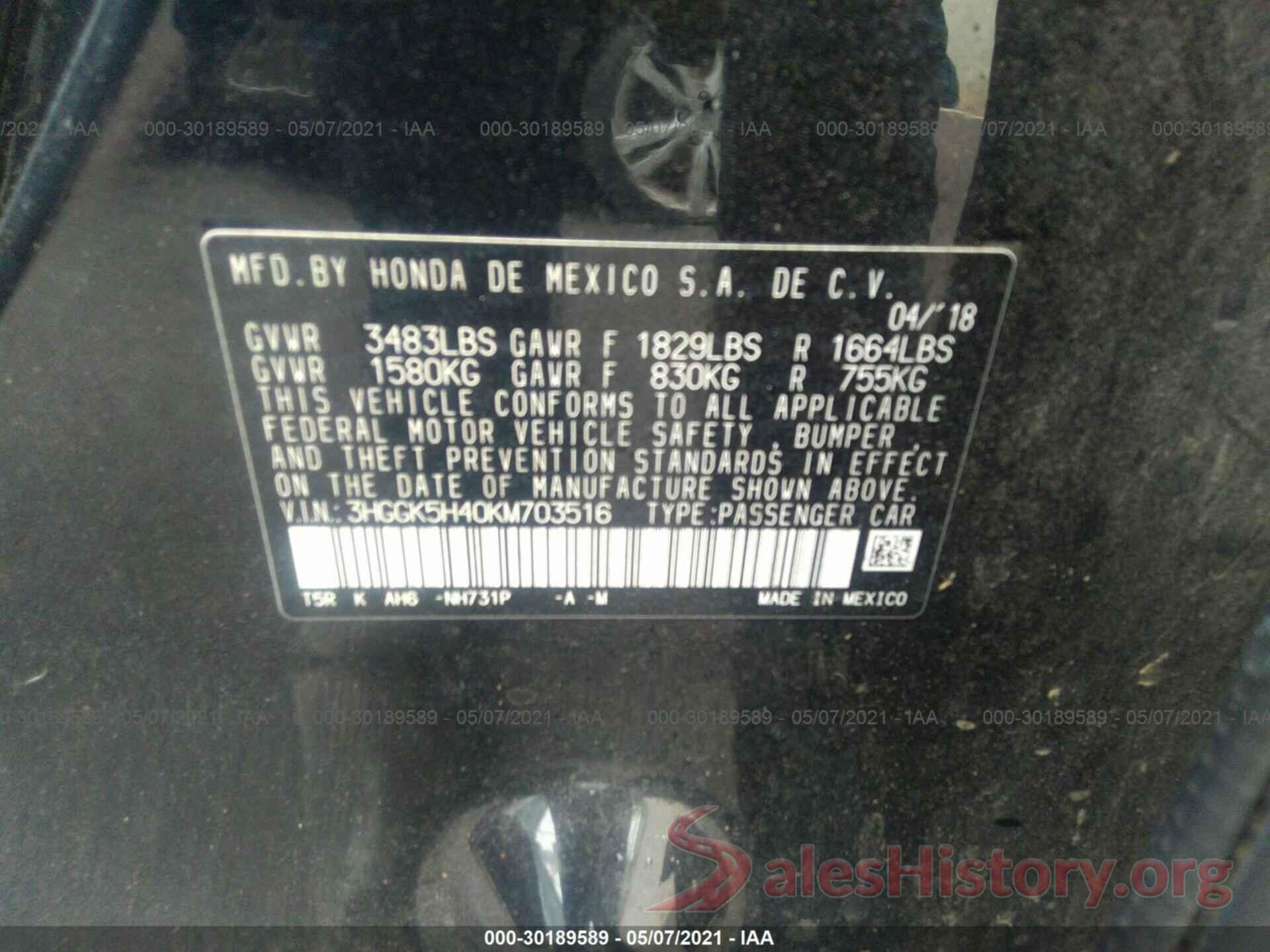 3HGGK5H40KM703516 2019 HONDA FIT