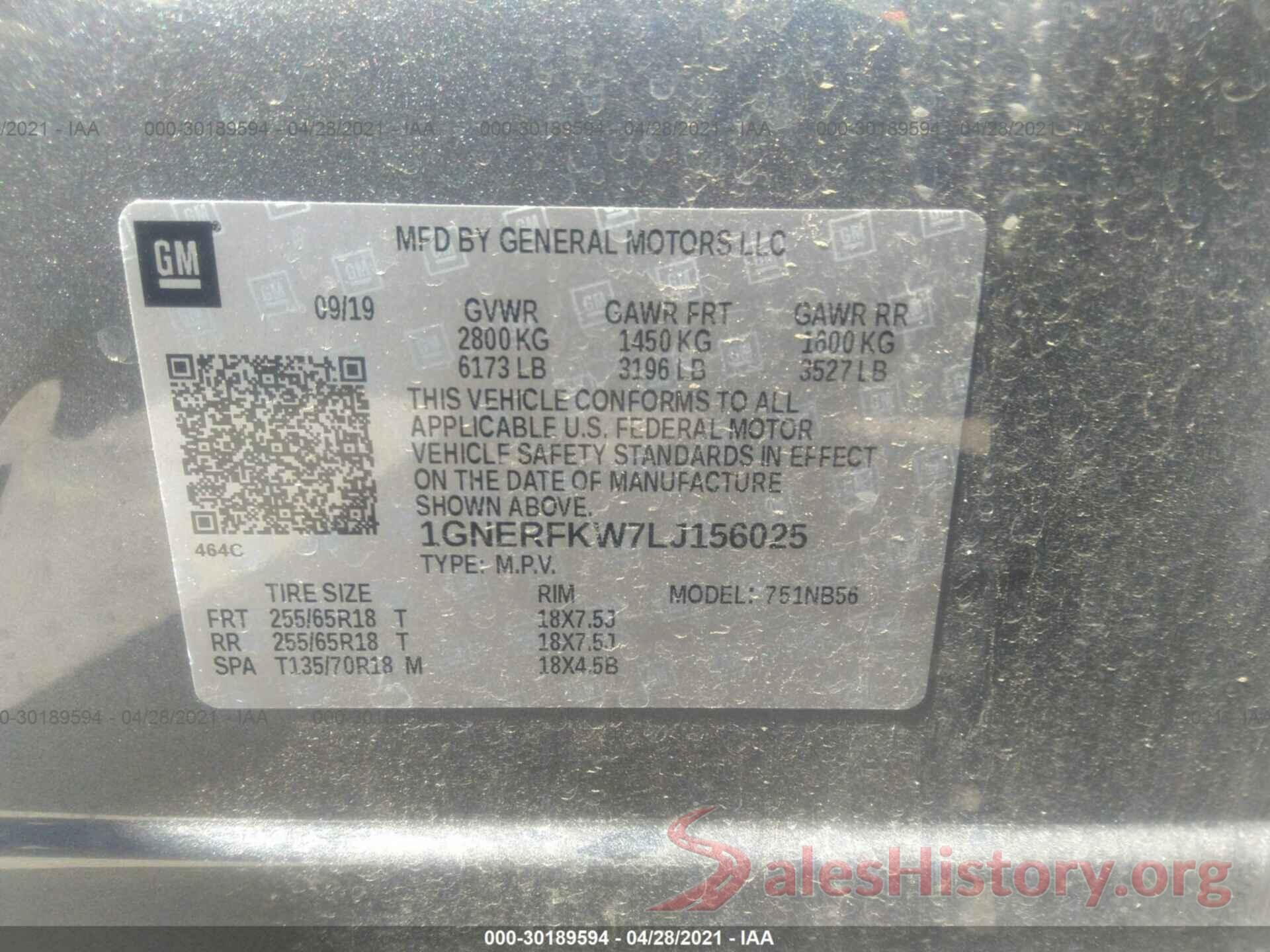 1GNERFKW7LJ156025 2020 CHEVROLET TRAVERSE